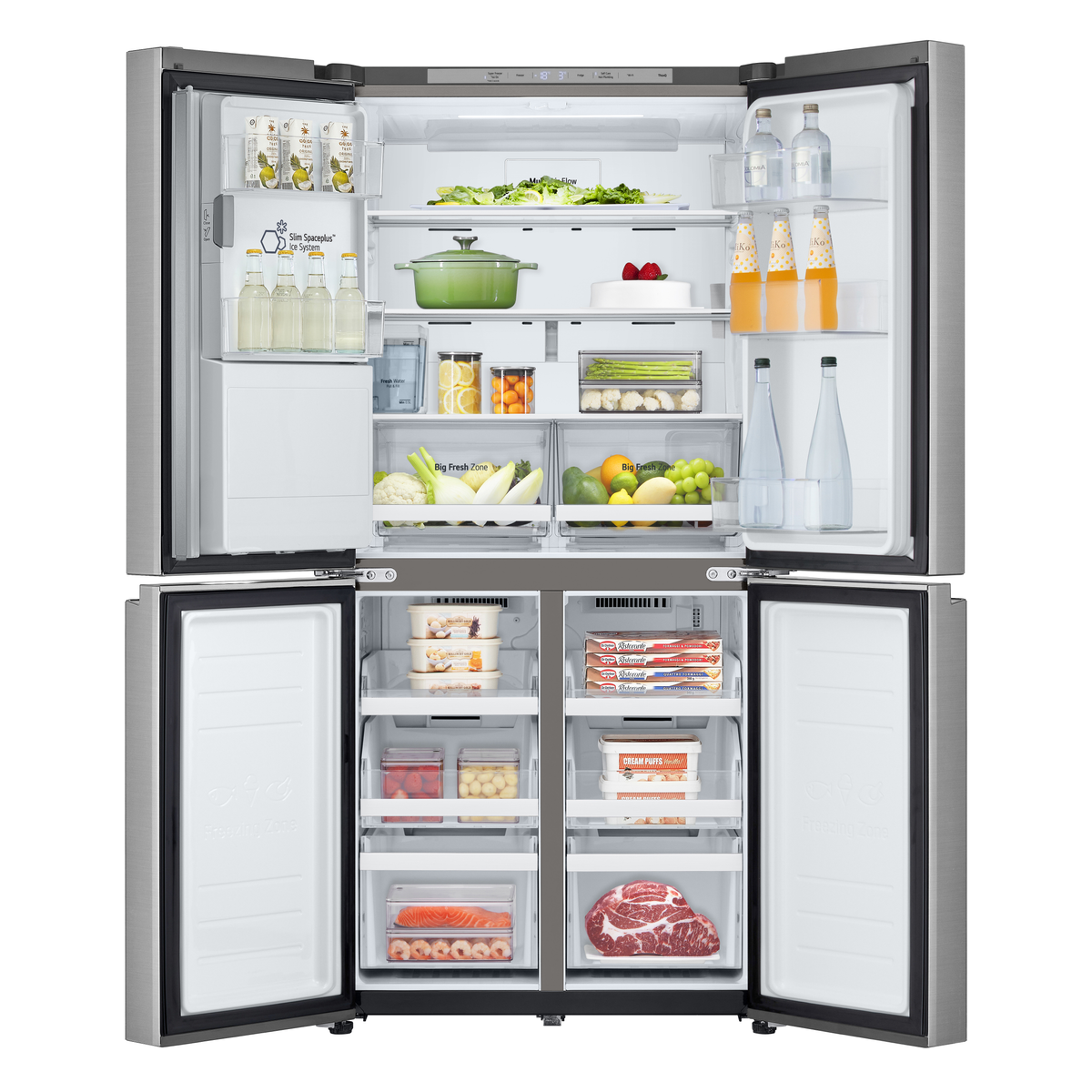 Un refrigerador grande con las puertas abiertas, lleno de comida. Dos puertas arriba y abajo.