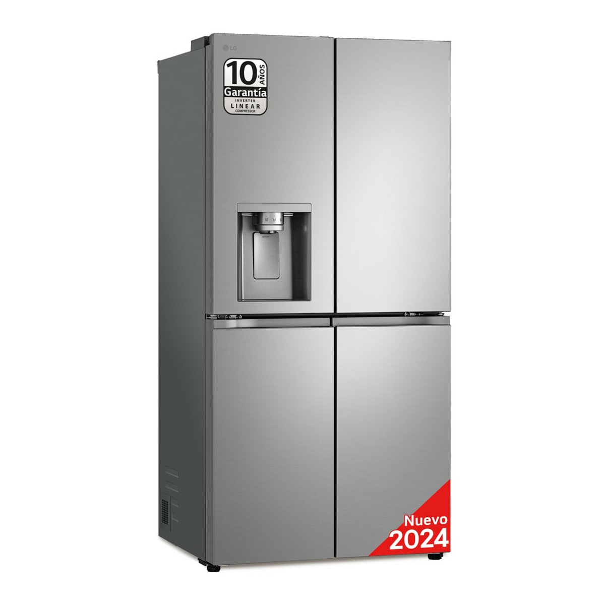 Un refrigerador LG plateado con cuatro puertas. Tiene dispensador de agua y pantalla digital. El fondo es blanco.