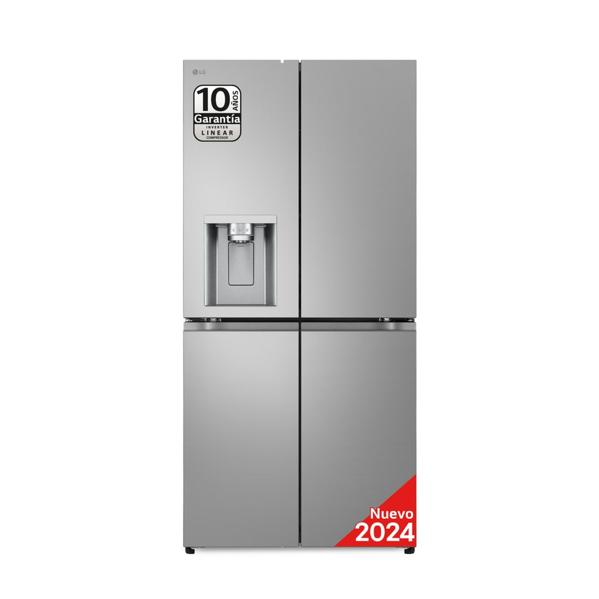 Un refrigerador LG de acero inoxidable con dispensador de agua sobre un fondo blanco.