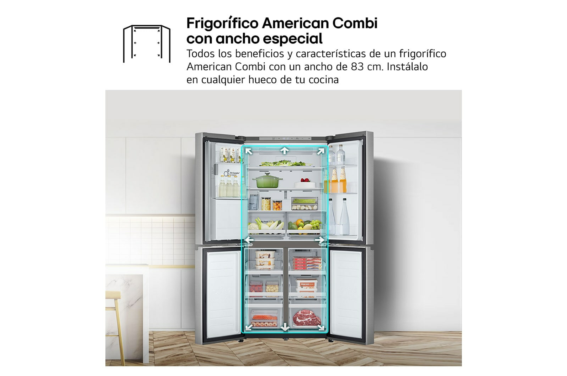 Refrigerador abierto con comida visible. Texto en español. Fondo blanco.