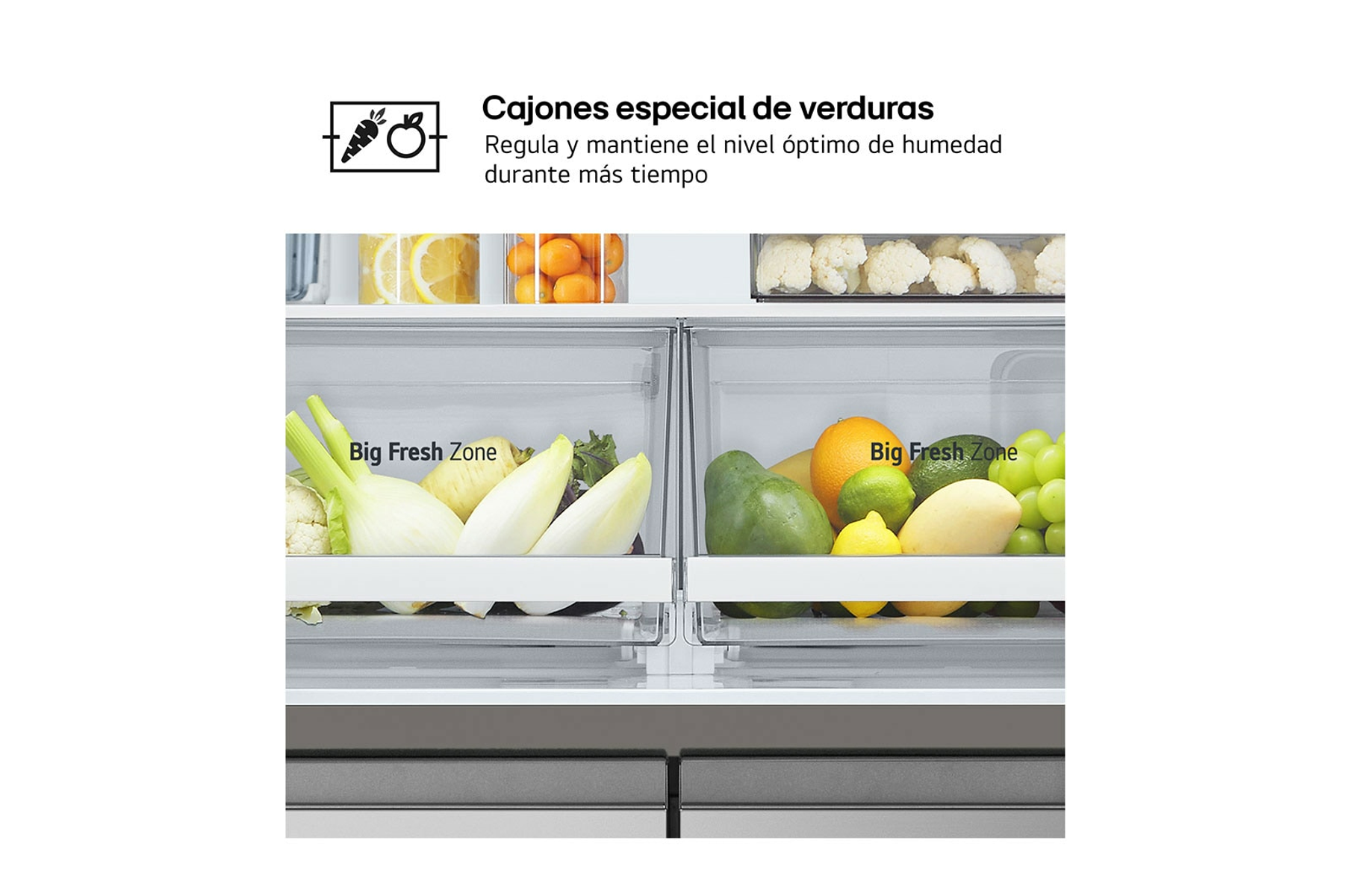 Refrigerador con cajones, con verduras y frutas. Etiquetas dicen 'Big Fresh Zone'.