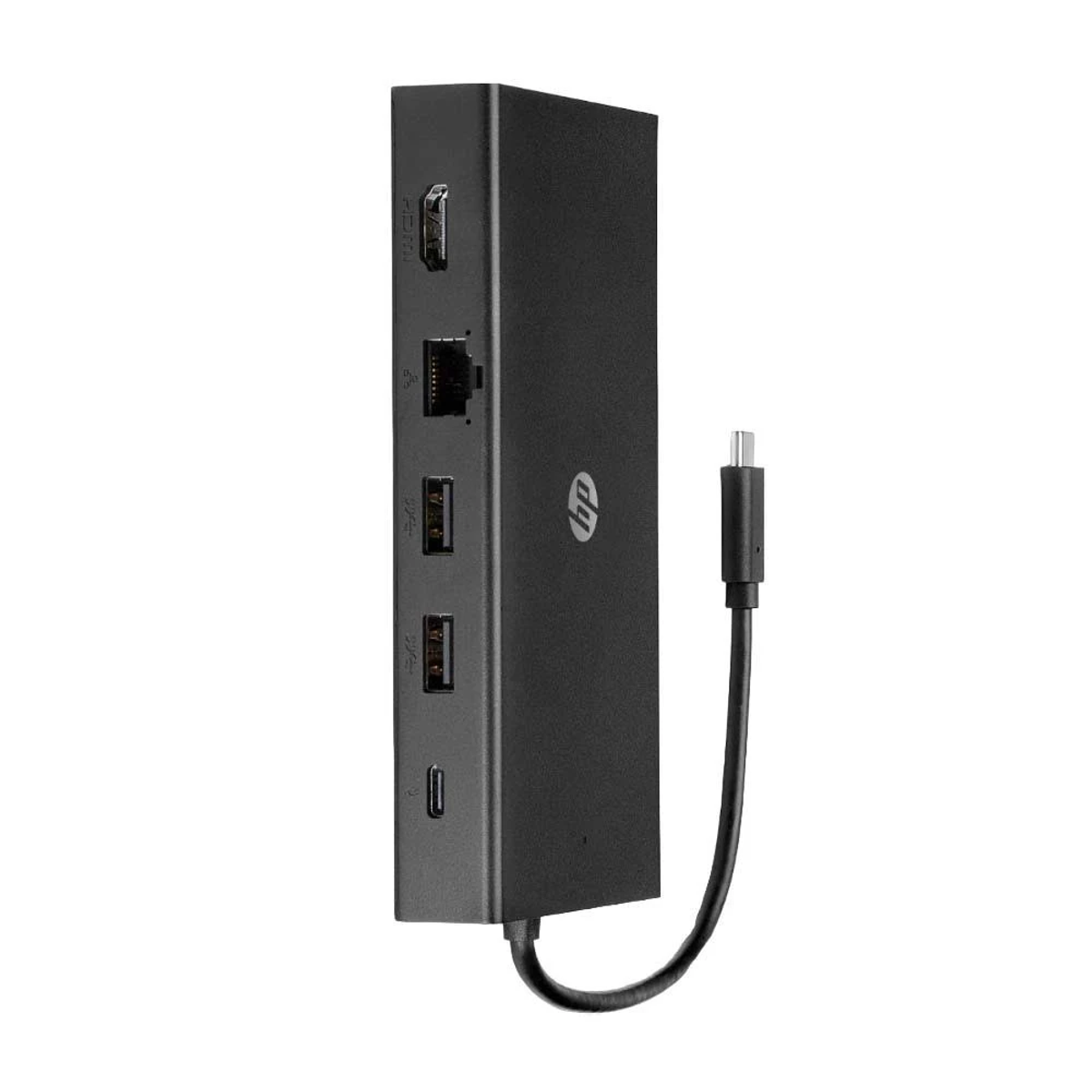 Schwarze HP-Dockingstation mit mehreren Anschlüssen und einem USB-C-Kabel.