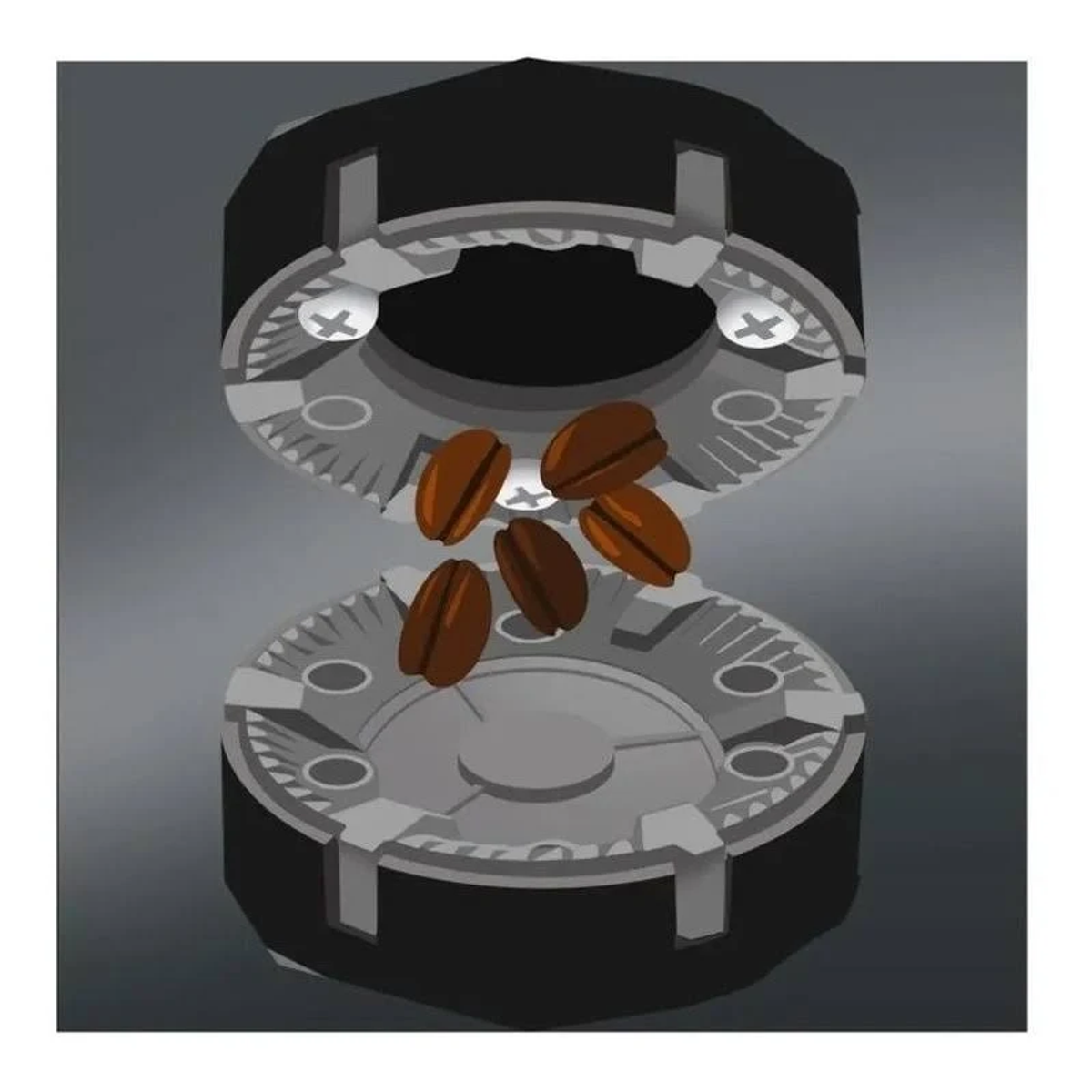 Ziarna kawy wpadające do młynka, wewnątrz ciemnej maszyny, na białym tle.