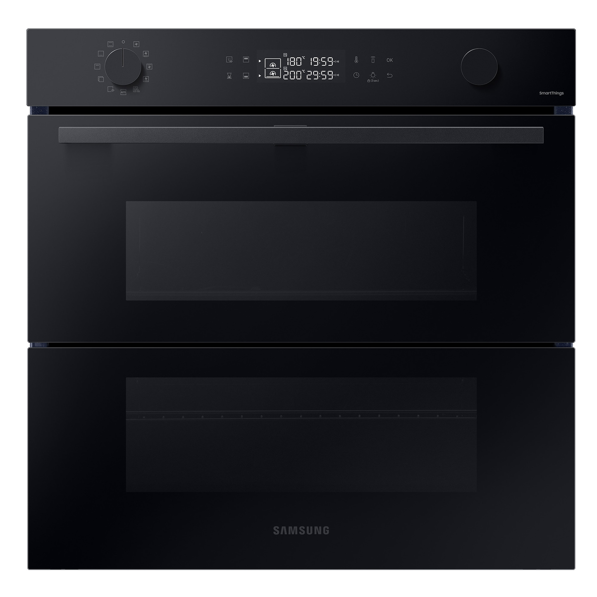 Horno negro con pantalla digital y panel de control, dos puertas y el logotipo de Samsung.