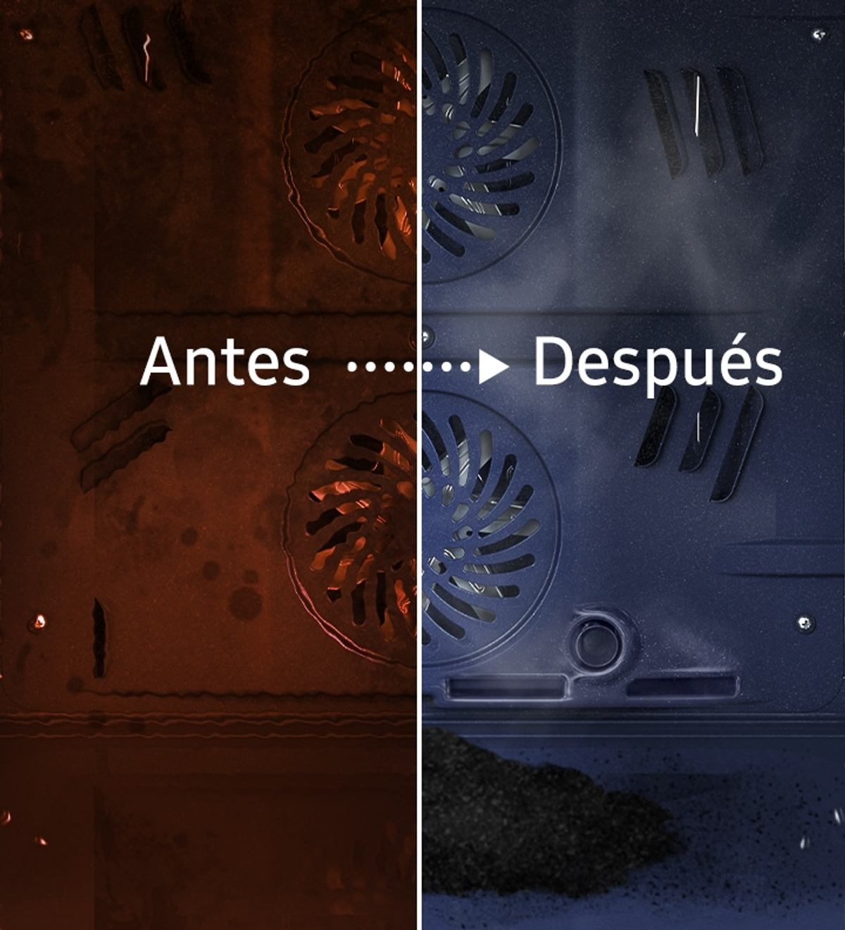 Interior del horno antes y después de la limpieza, mostrando una diferencia significativa en la limpieza.