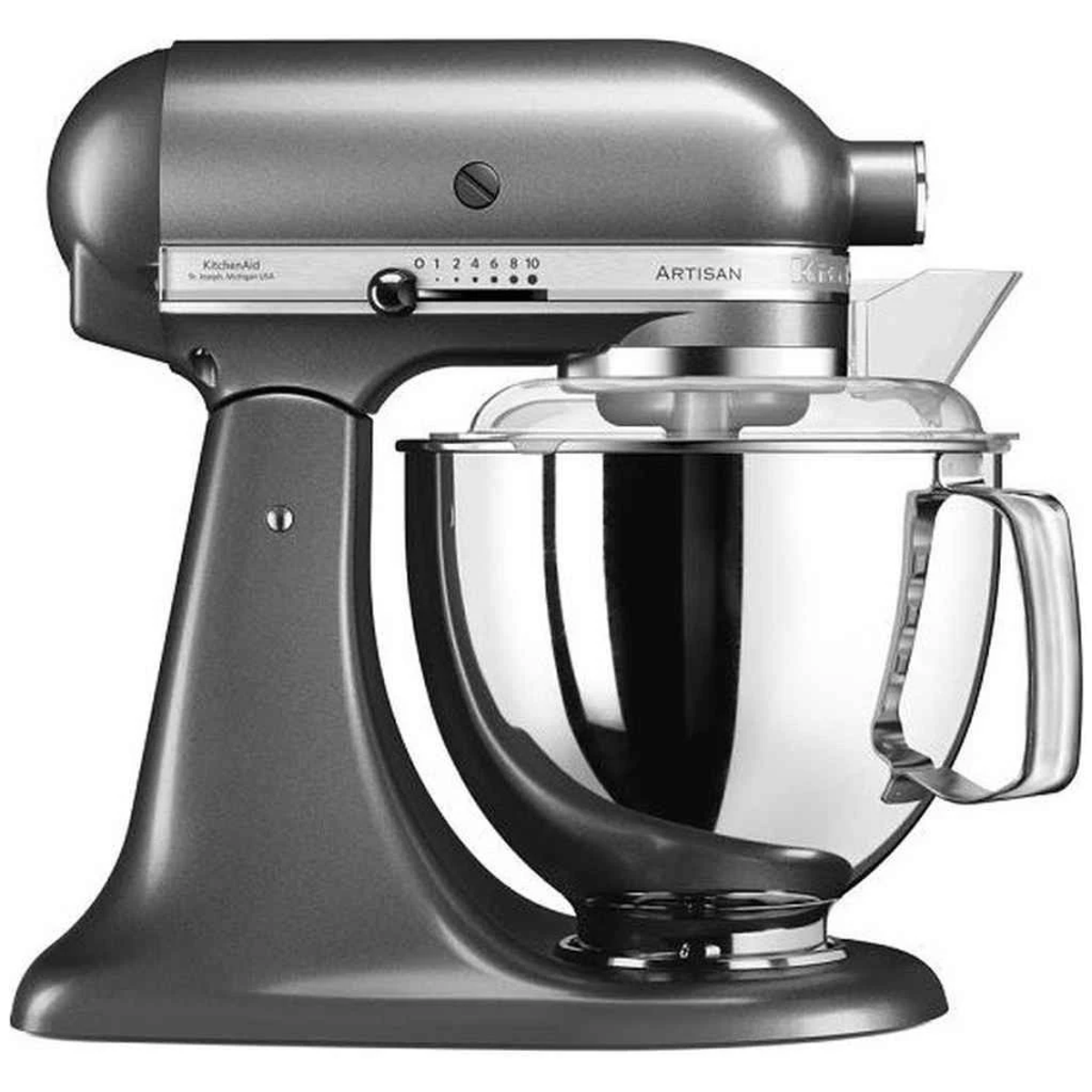KitchenAid Küchenmaschine. Graue Farbe. Edelstahl-Schüssel. Weißer Hintergrund. Winkelansicht.