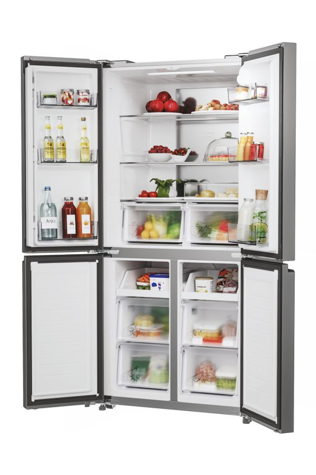 Ein Kühlschrank mit geöffneten Türen, zeigt Obst, Getränke und Schubladen mit Essen.