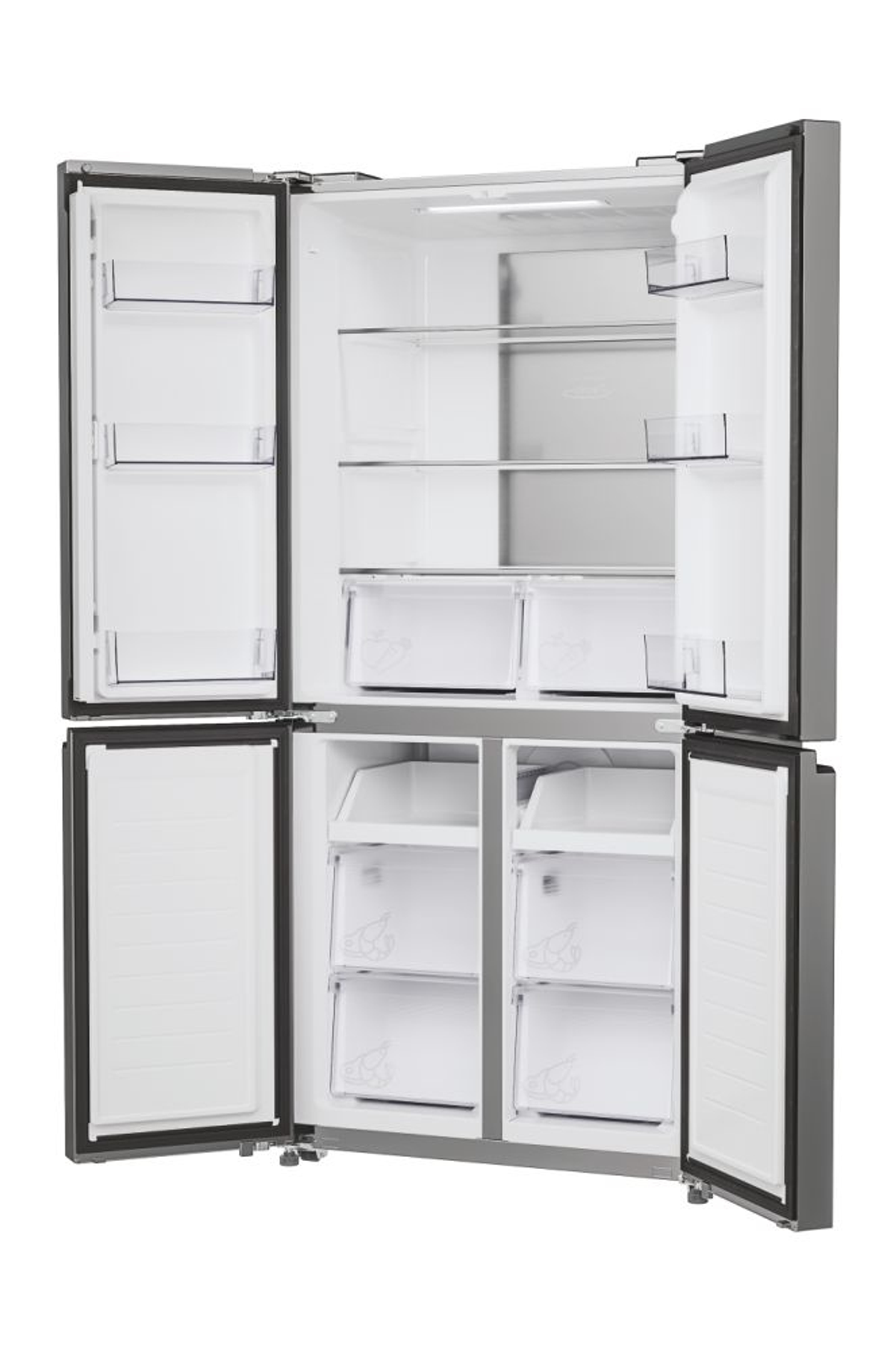 Ein Kühlschrank mit mehreren geöffneten Türen, die Regale und Schubladen freigeben.