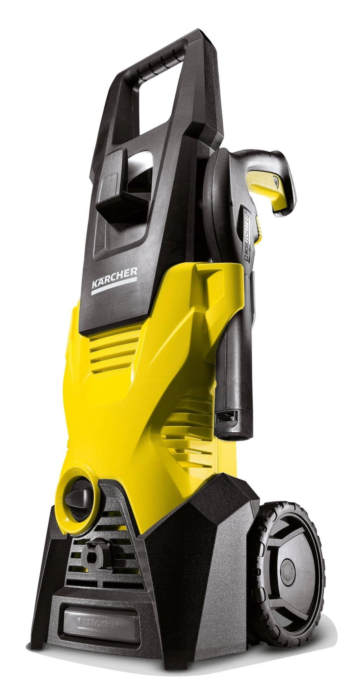 Żółto-czarna myjka ciśnieniowa Kärcher. Białe tło.