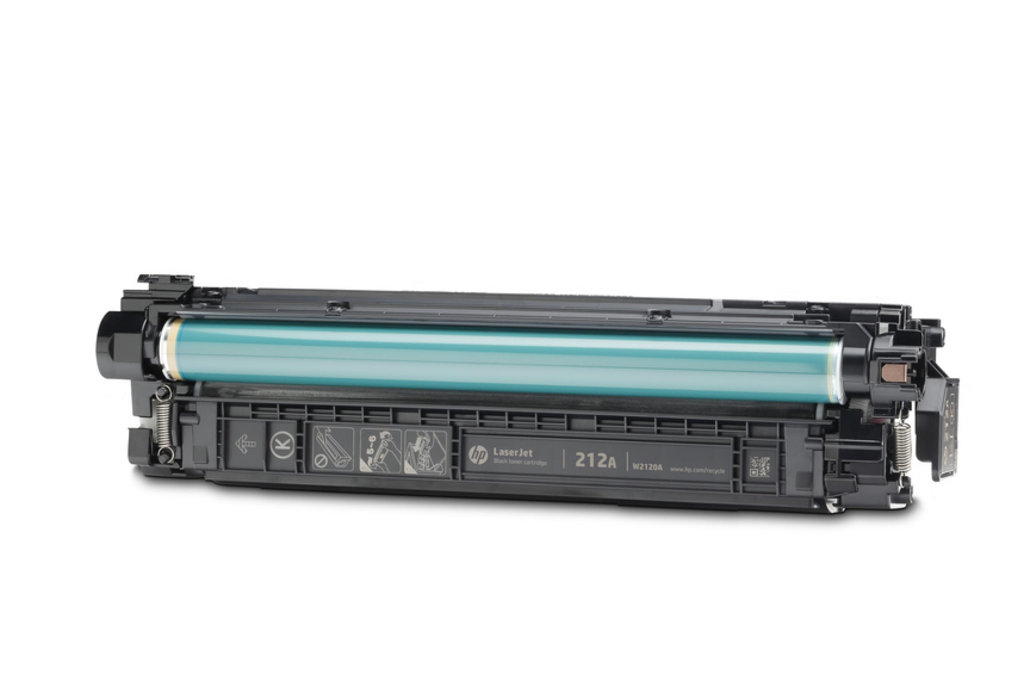 Eine schwarze Laserdrucker-Tonerkartusche mit einer grünen Tonerwalze darin.