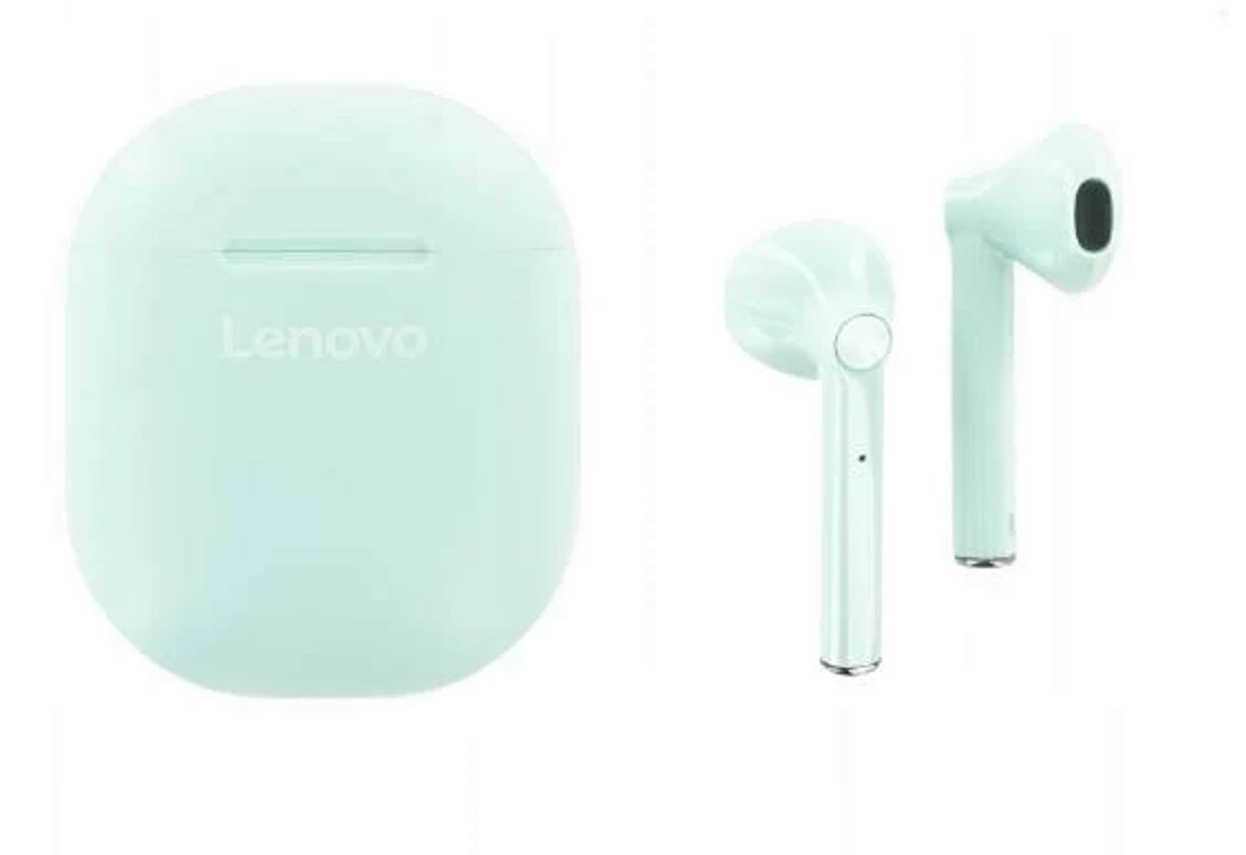 Auricolari Lenovo verde chiaro con custodia di ricarica. Sfondo bianco.