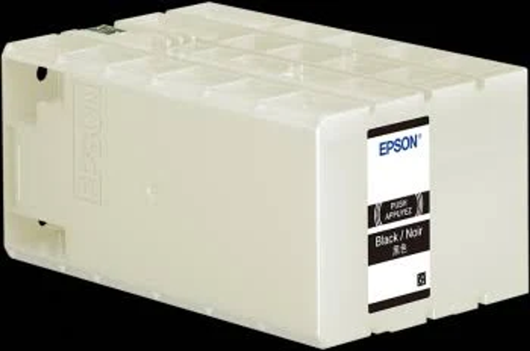 Cartucho de tinta Epson, blanco con etiqueta negra 'Black/Noir'.