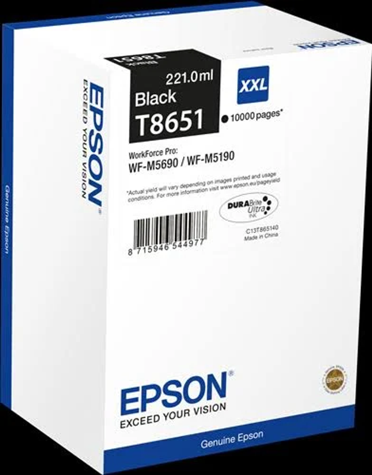 Una caja de tinta Epson blanca, con una etiqueta negra. Tiene texto y un código de barras, y está sobre un fondo blanco.