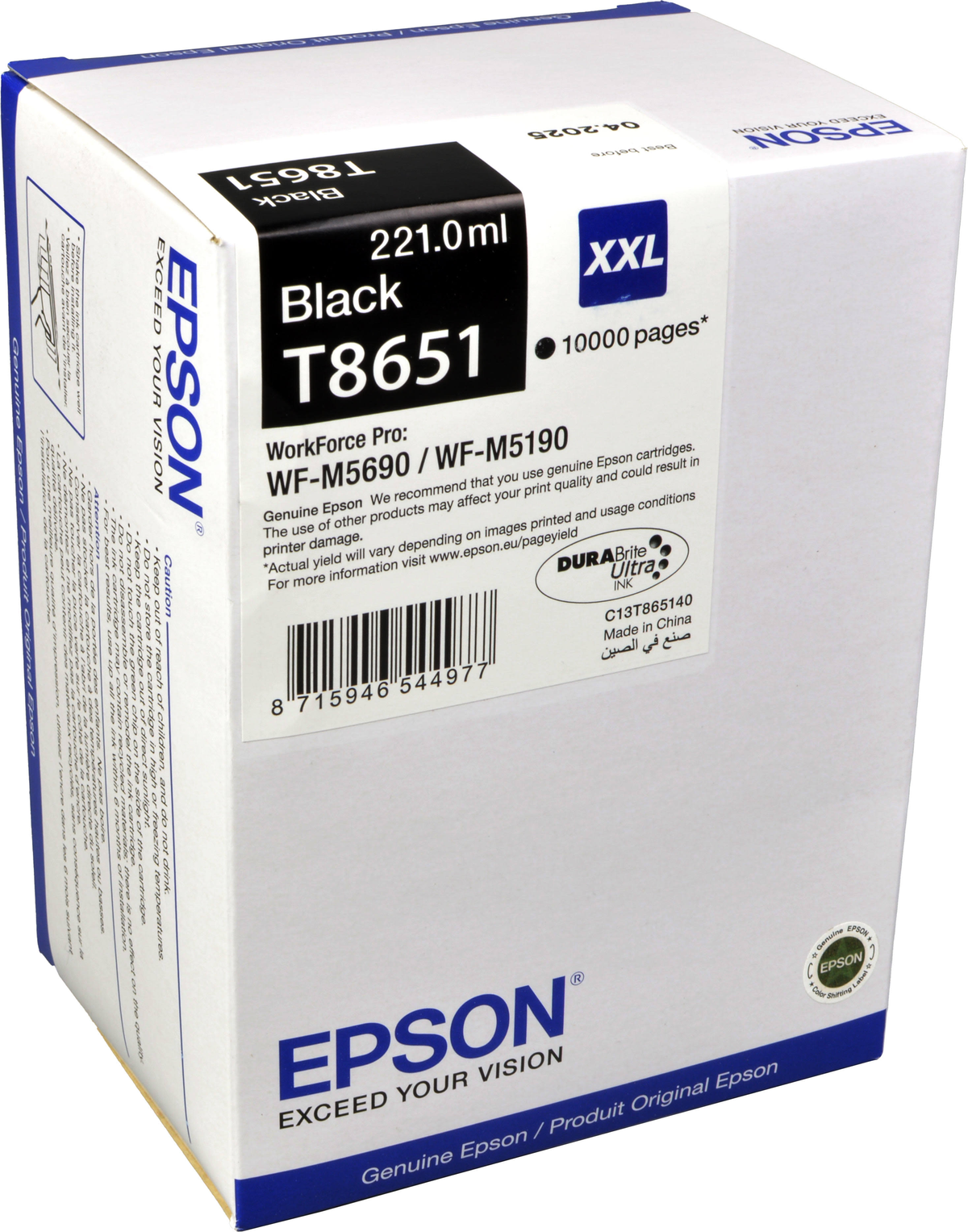 Una caja de cartuchos de tinta Epson sobre una superficie blanca. La caja es blanca, negra y azul.
