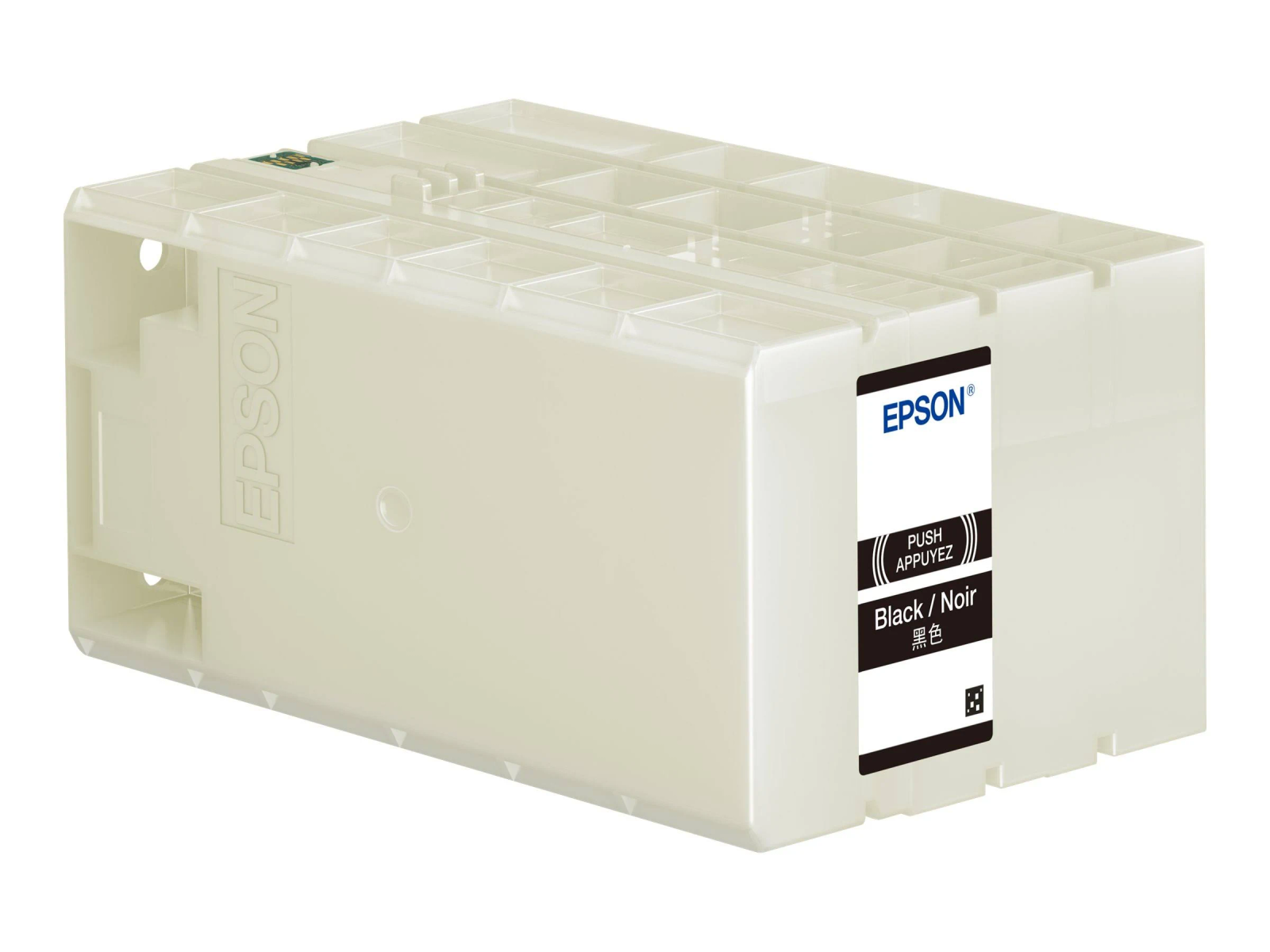 Tres cartuchos de tinta Epson en un contenedor de plástico transparente, etiquetados en inglés y japonés.
