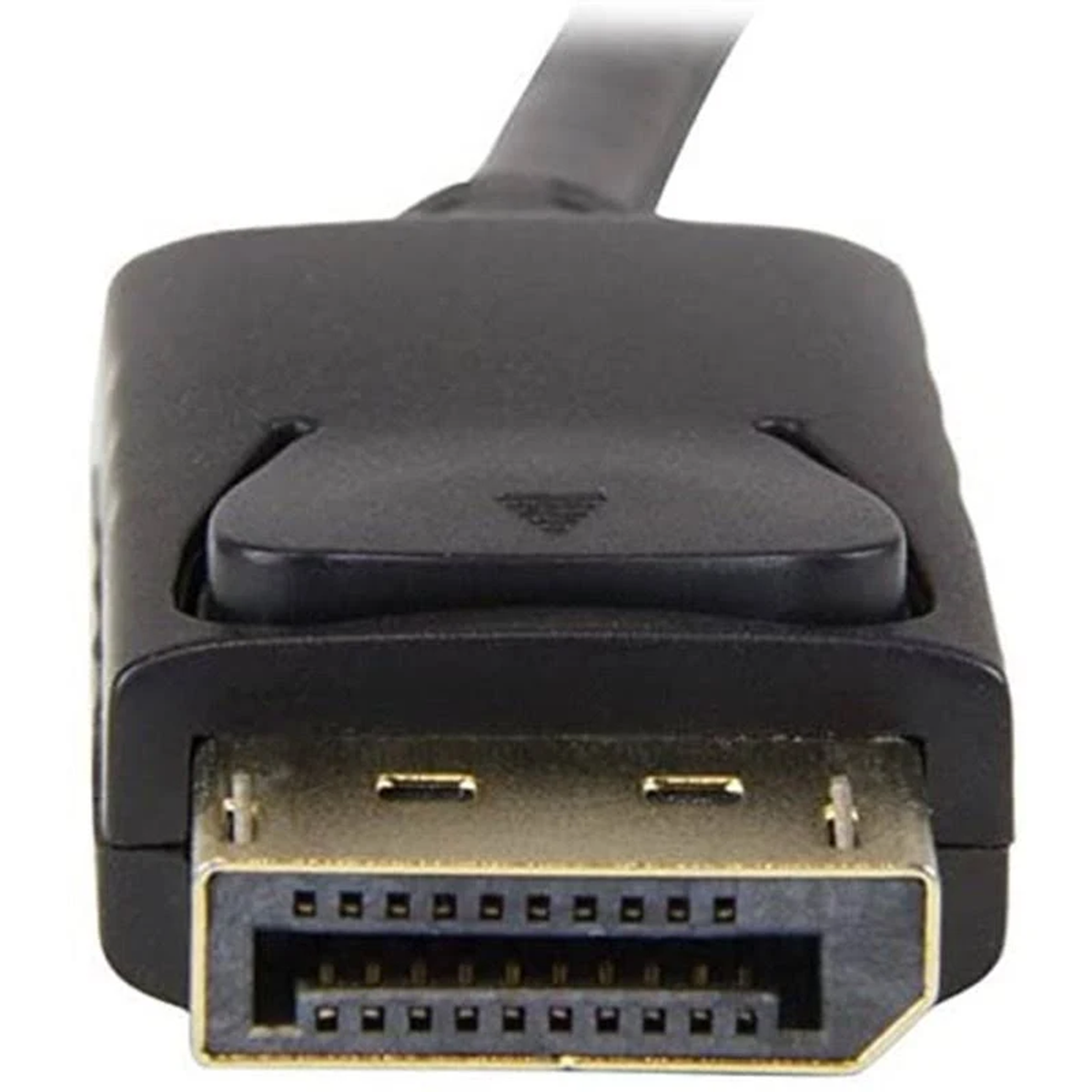Primer plano de un conector DisplayPort negro, con pestillo y contactos dorados.