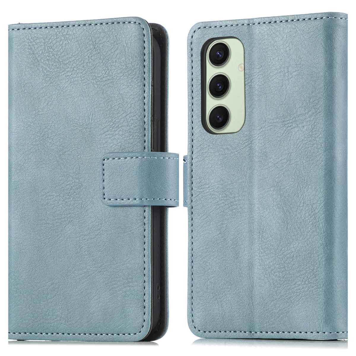 Blauwe leren telefoonhoes, open om een telefoon met camera's te tonen.