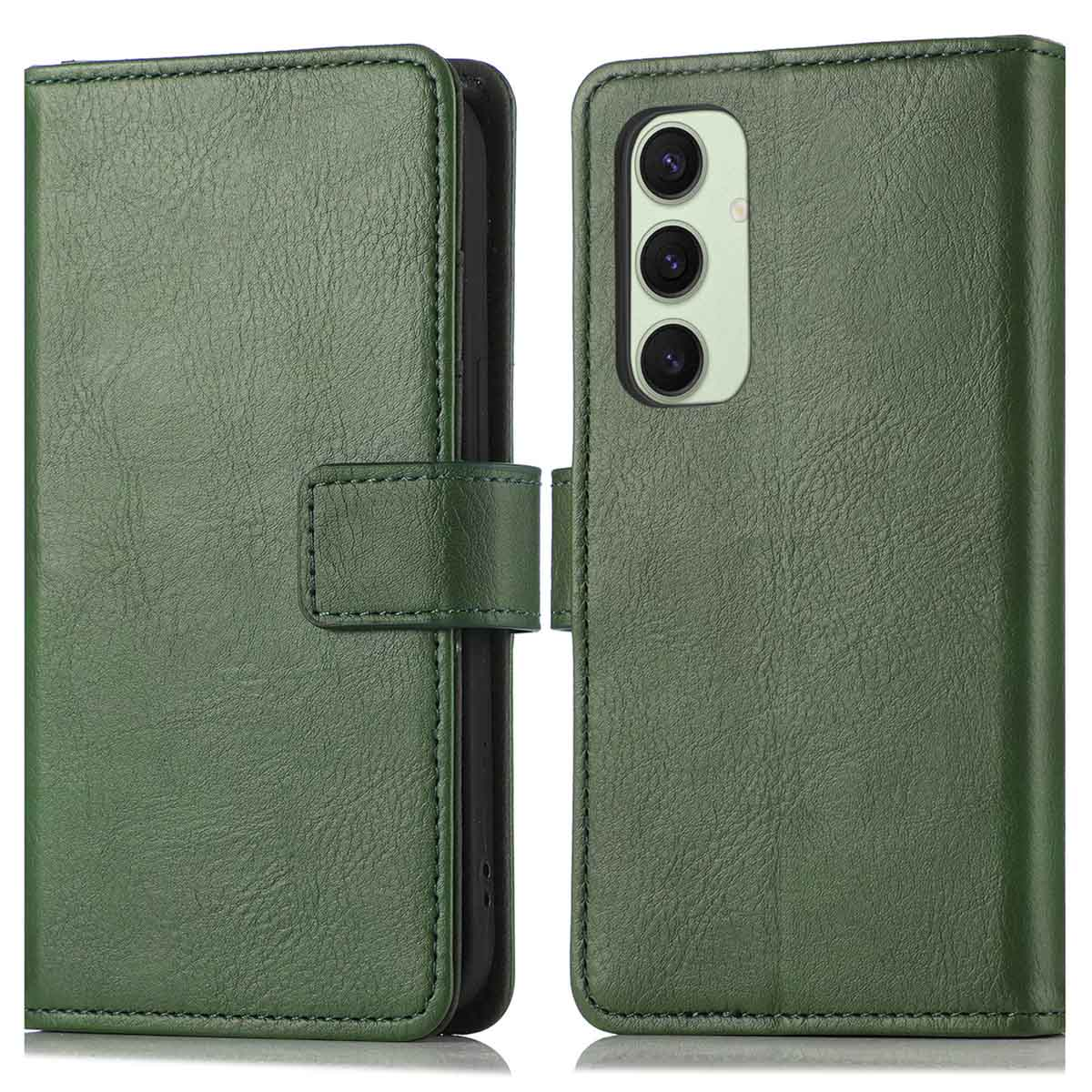 Groene leren telefoonhoes, open, toont cameralenzen en een sluiting.