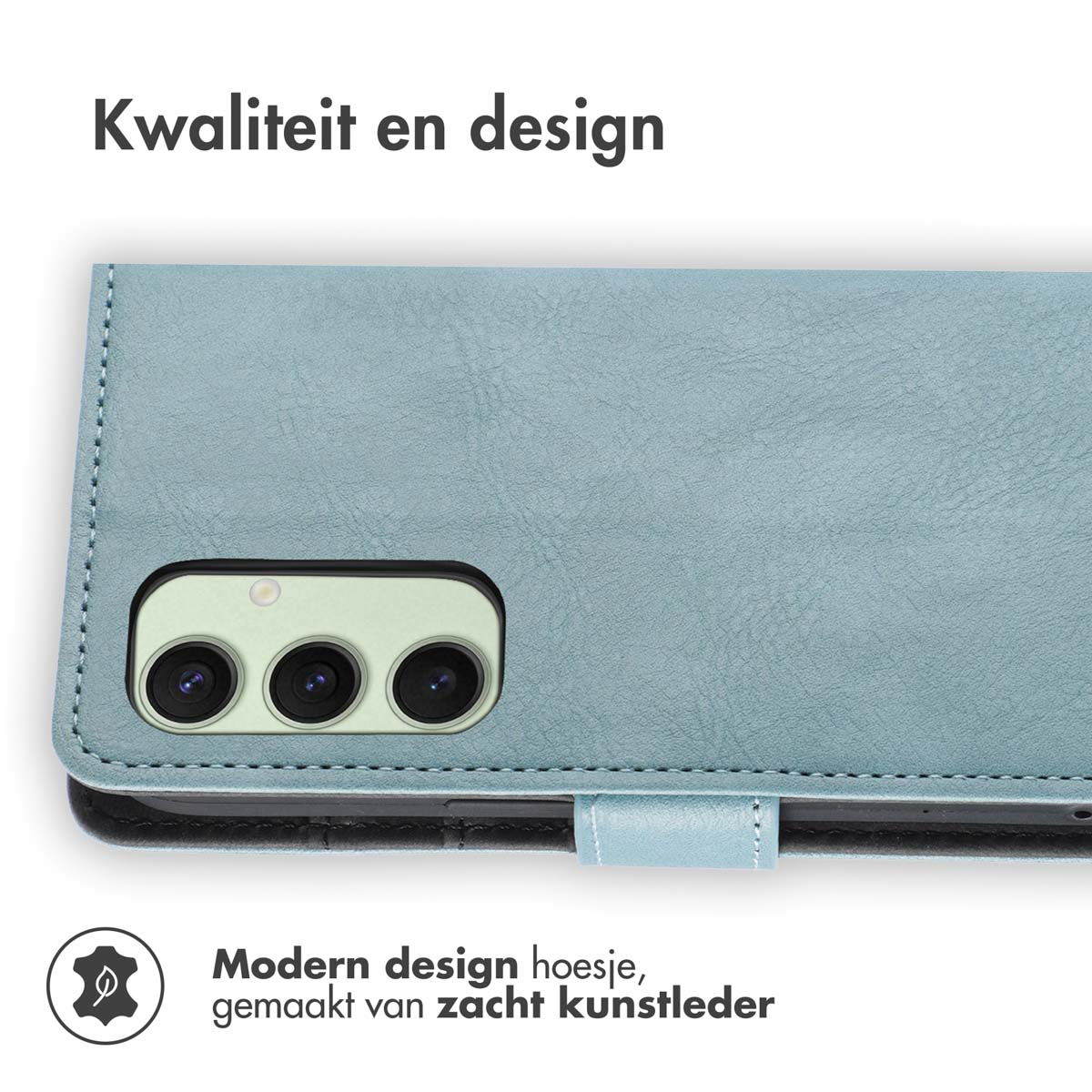 Een blauwe telefoonhoes met tekst in het Nederlands. Een lederen hoes met een ontwerp.