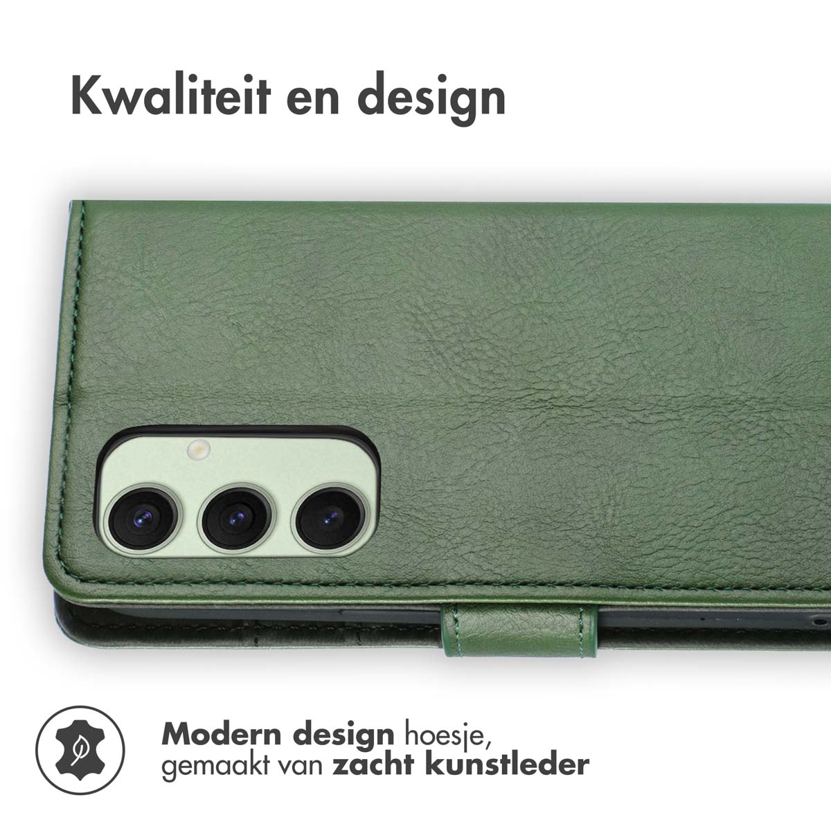 Groene leren telefoonhoes. Het heeft een achterkant en een flap.