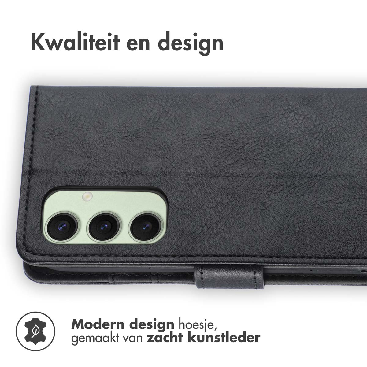 Close-up op een zwarte telefoonhoes. Het toont de uitsparingen voor de camera en het detail van de rand.