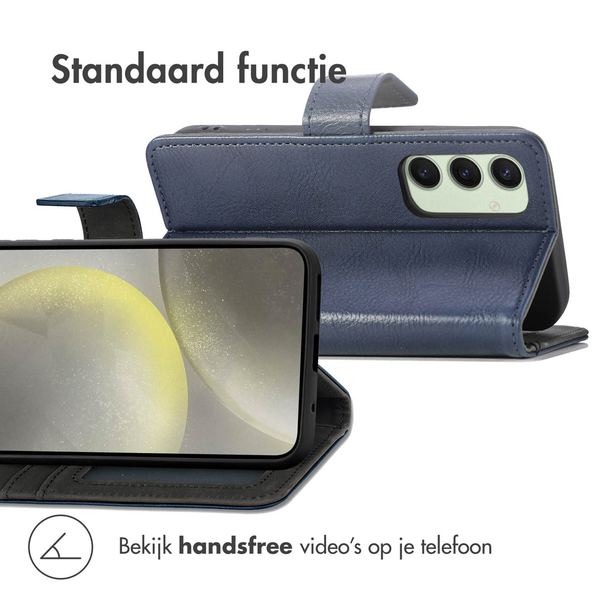Blauwe telefoonhoes met een telefoon erin, met een scherm en een voorkant.