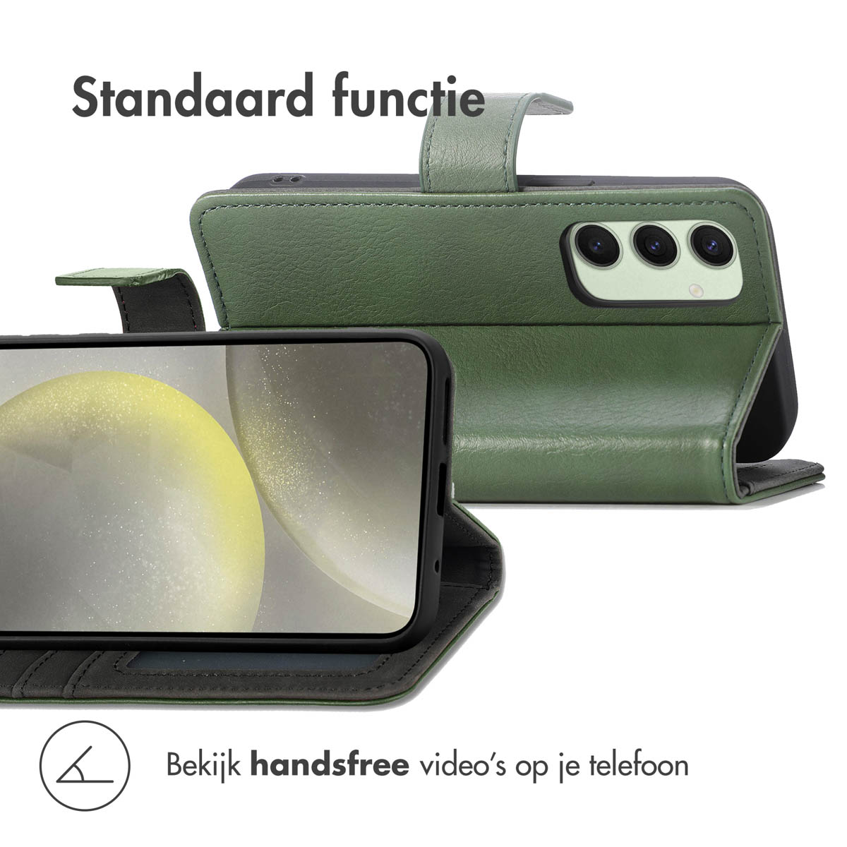 Een groene telefoonhoes met een telefoon erin, die een video afspeelt. Tekst: 'Bekijk handsfree video's'.