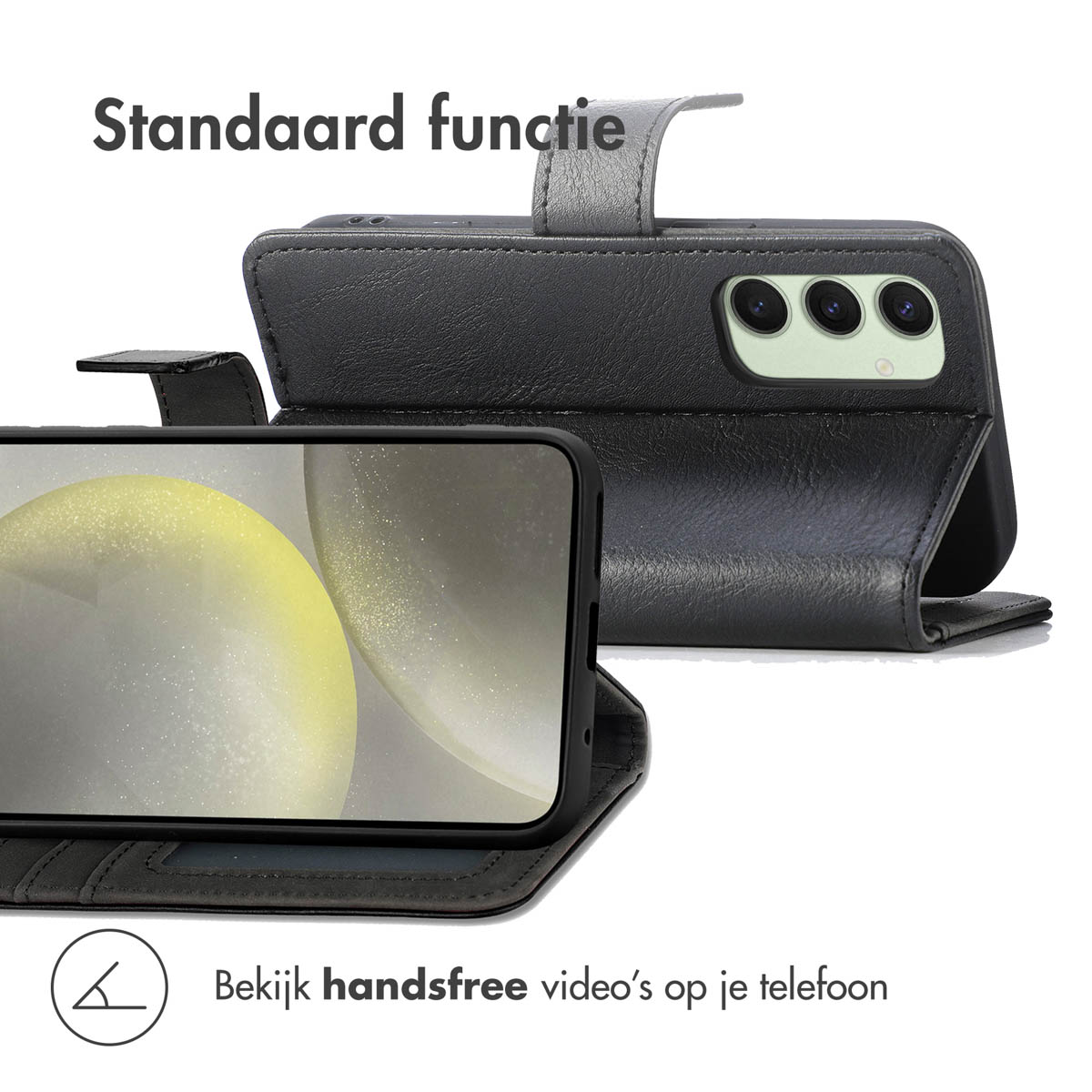 Telefoonhoesje met telefoon erin. De hoes is open en zwart met een grijze lip en een telefoon zichtbaar.