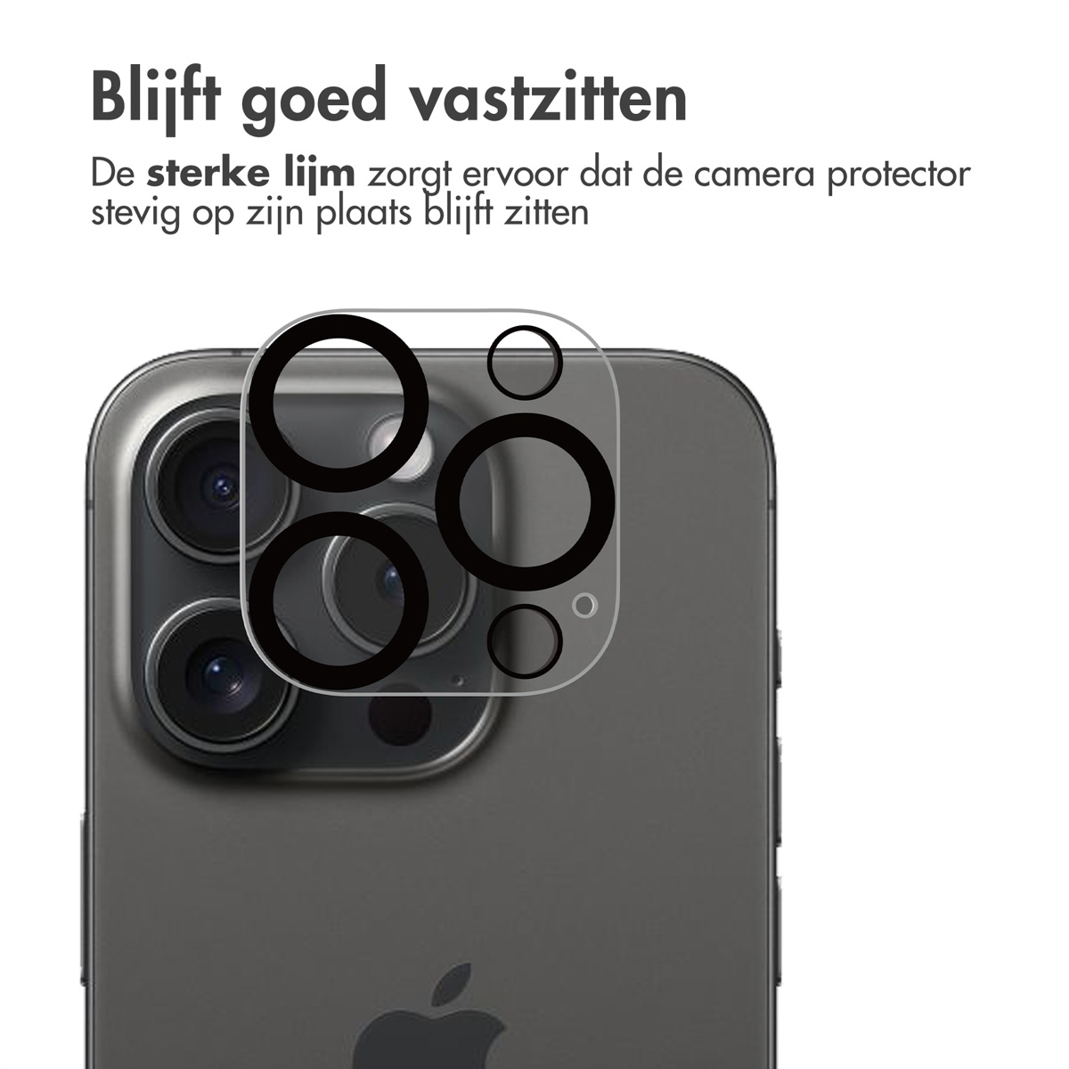 Téléphone avec protecteurs de caméra. Le texte en haut dit 'Reste bien en place' en néerlandais.