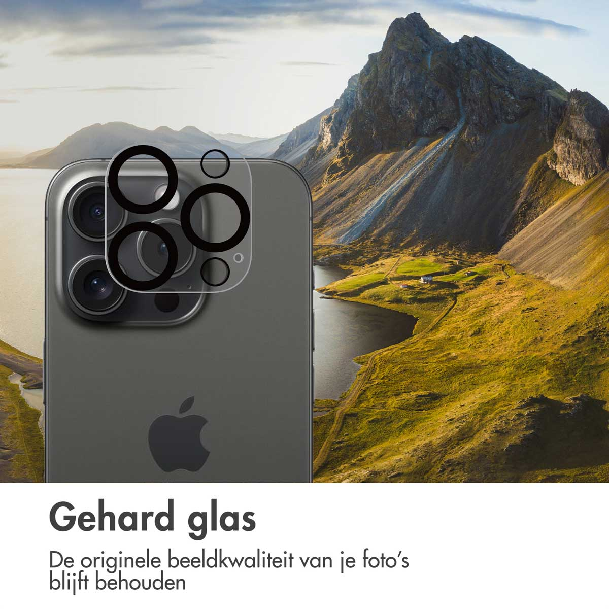 Téléphone avec protecteur d'écran, placé devant une scène de montagne. Texte : Verre trempé.