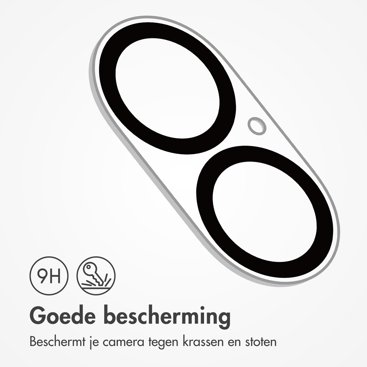 Camerabeschermer met twee zwarte cirkels. Tekst: 'Goede bescherming'. Iconen voor 9H en sleutel.