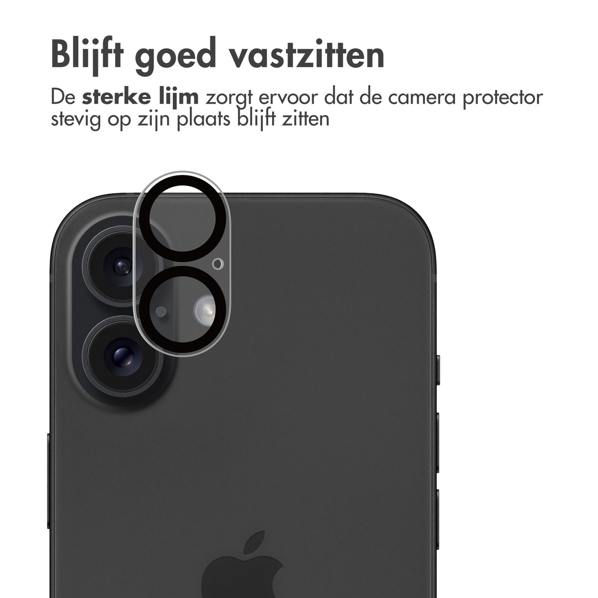 Zwarte telefoon met een schermbeschermer aangebracht. Nederlandse tekst: 'Plakt goed'.