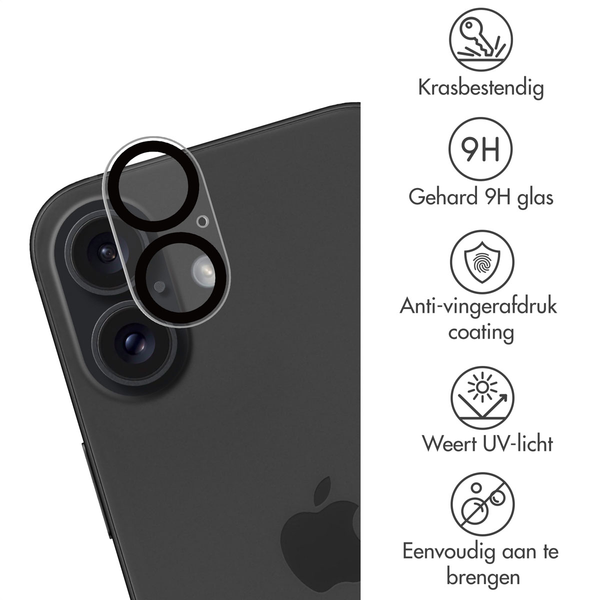 Telefoon met cameralensbeschermer en pictogrammen die krasbestendigheid, 9H-glas en UV-bescherming aangeven.