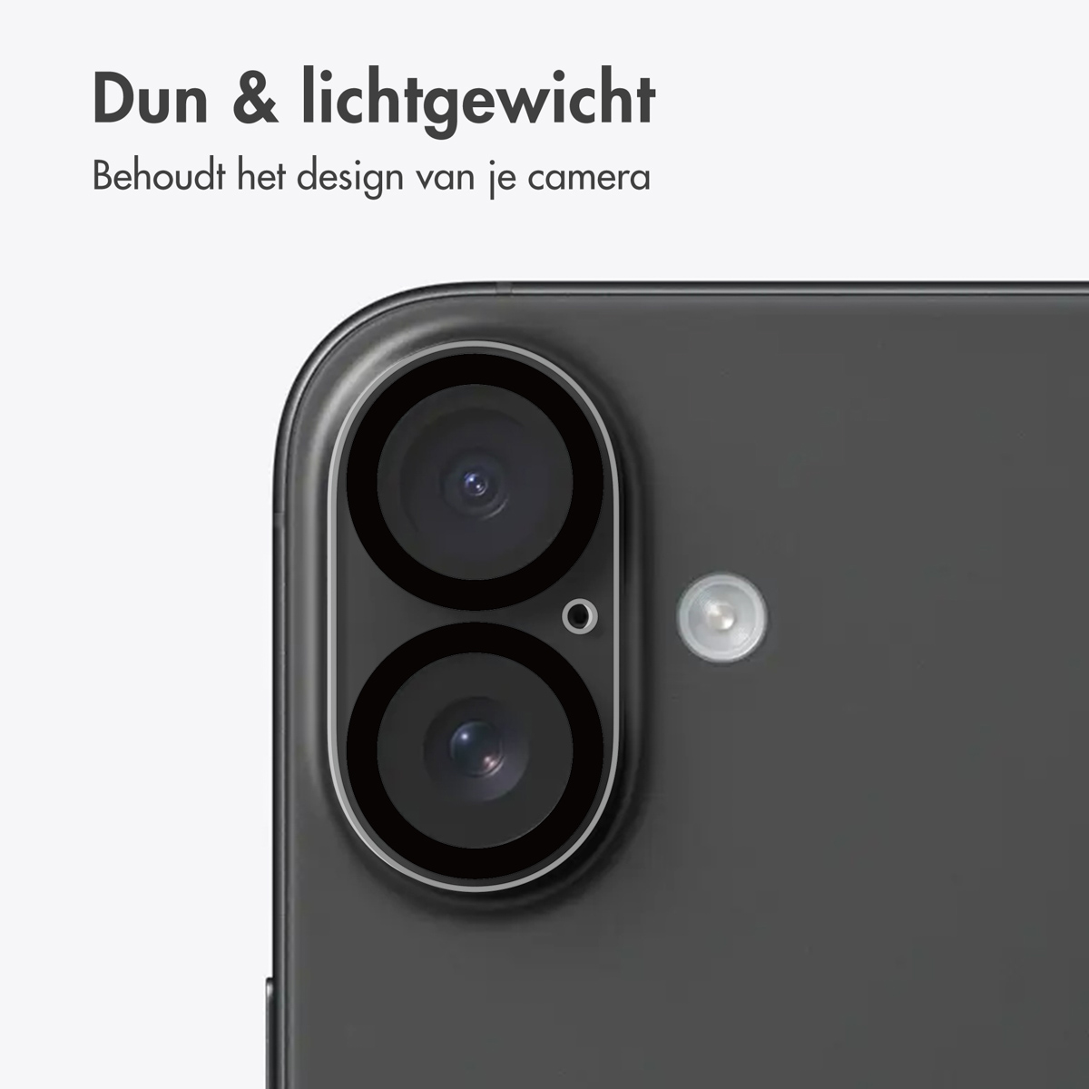 Close-up van telefooncameralenzen en flitser. Tekst: Dun en lichtgewicht. Behoudt het camera-ontwerp.