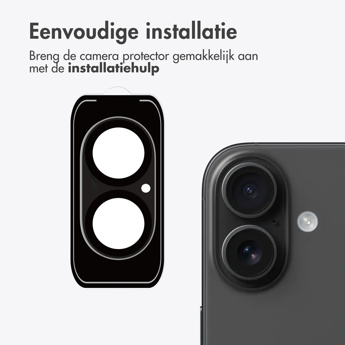 Afbeelding toont installatie van de camerabeschermer. Zwarte beschermer en telefooncamera.