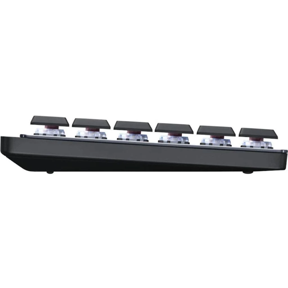 Widok z boku czarnej klawiatury, pokazujący sześć klawiszy i czarną podstawę.