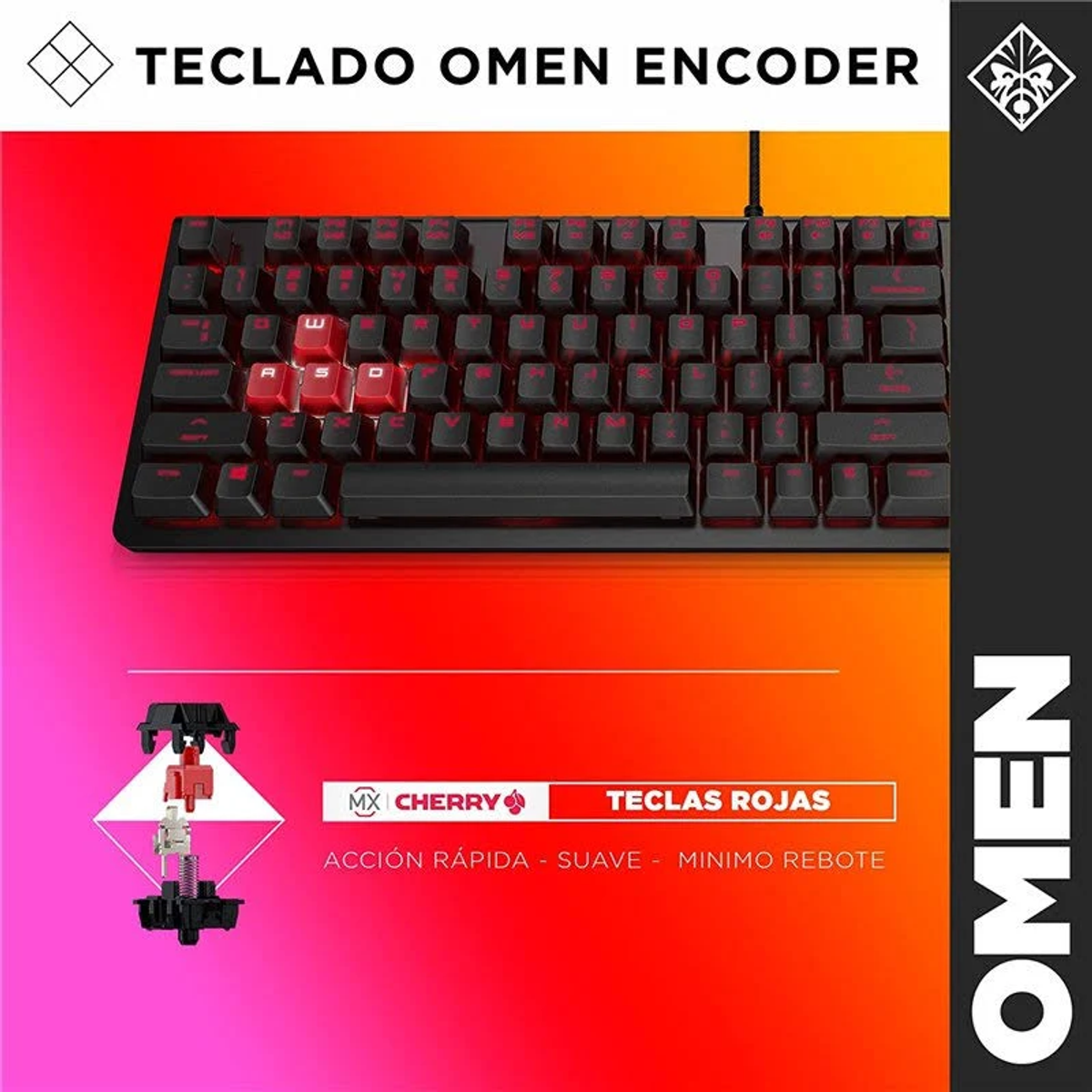 Teclado gaming negro y rojo. Teclas con teclas rojas y blancas y logo OMEN.
