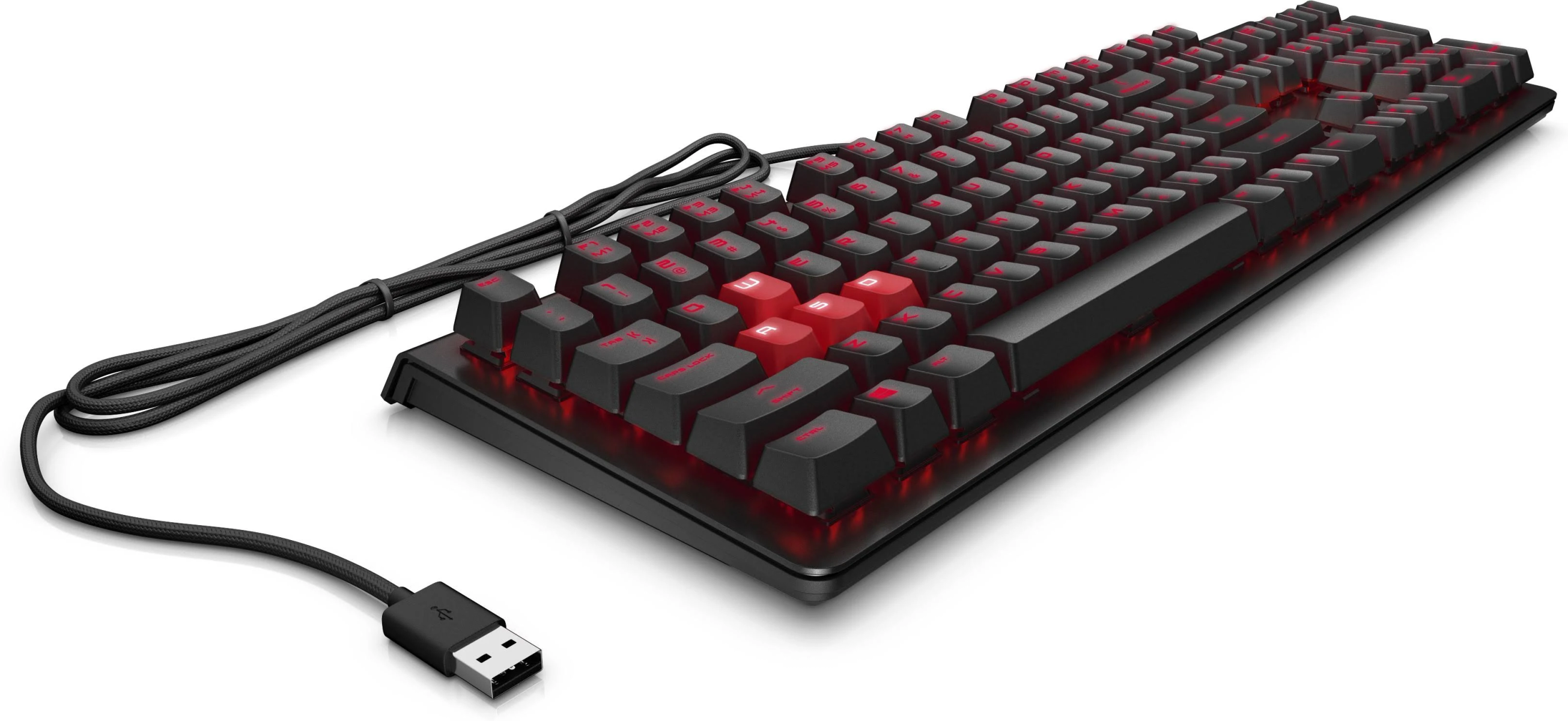 Un teclado para juegos HP Omen negro y rojo con un cable USB.
