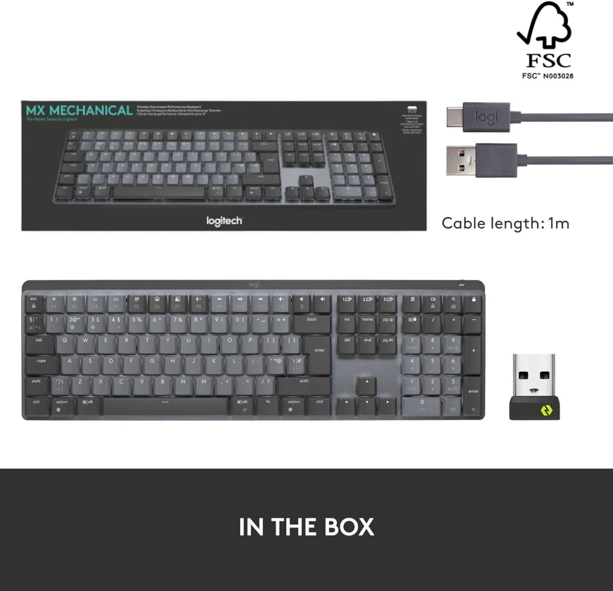 Klawiatura Logitech MX Mechanical i akcesoria w pudełku, z kablami i odbiornikiem USB.