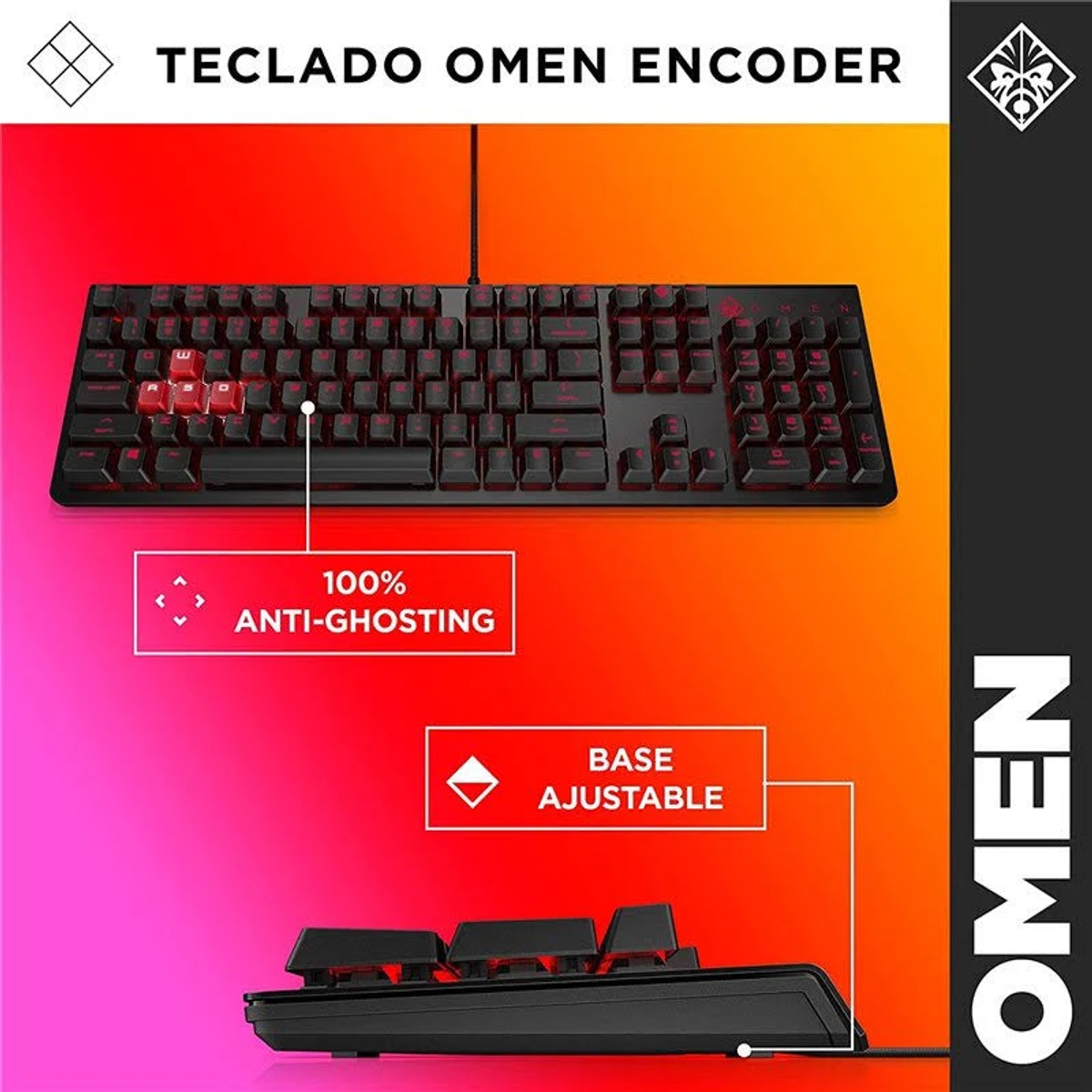 Teclado OMEN negro con teclas retroiluminadas en rojo. 100% anti-ghosting. Base ajustable.