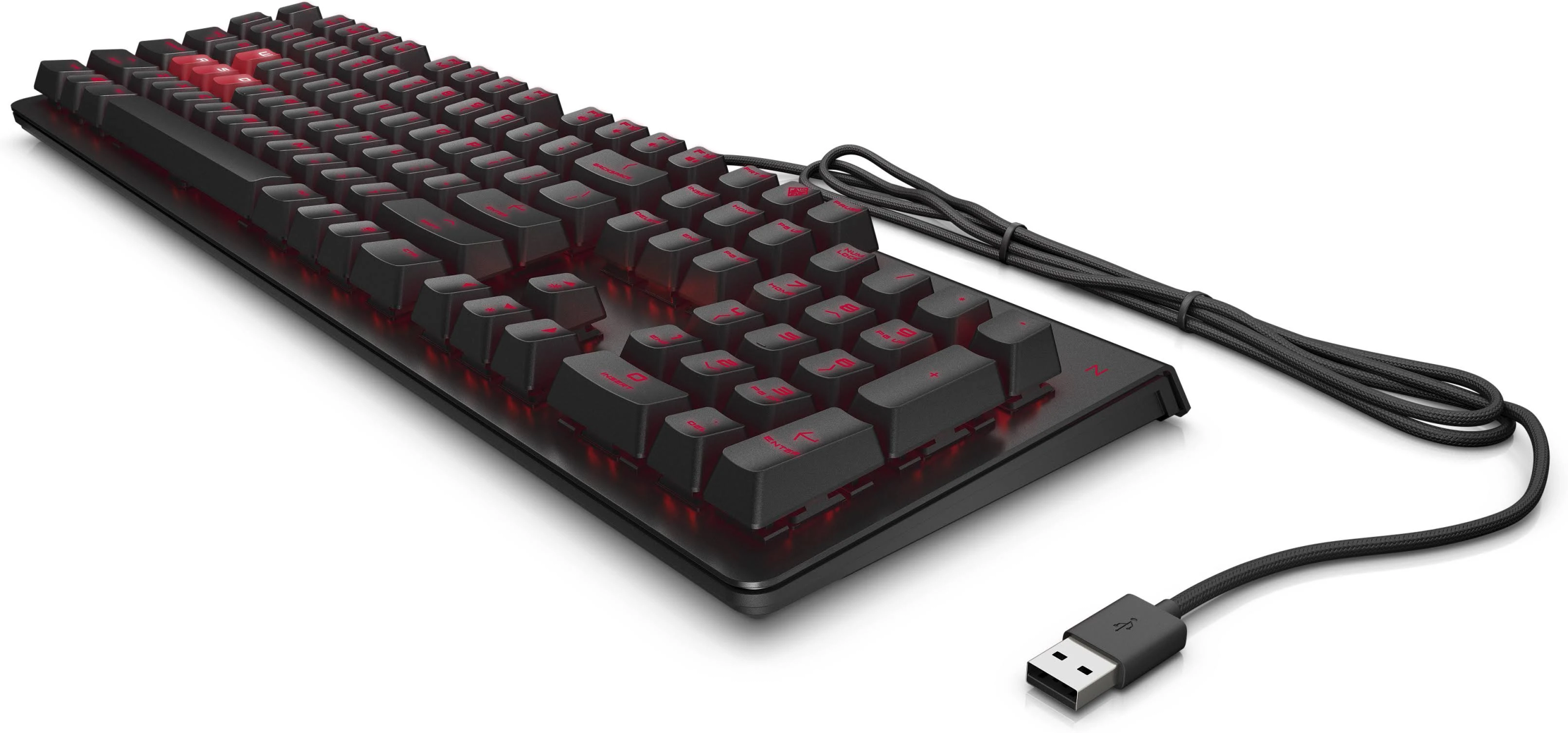 Un teclado gaming HP negro con teclas iluminadas en rojo y cable USB.