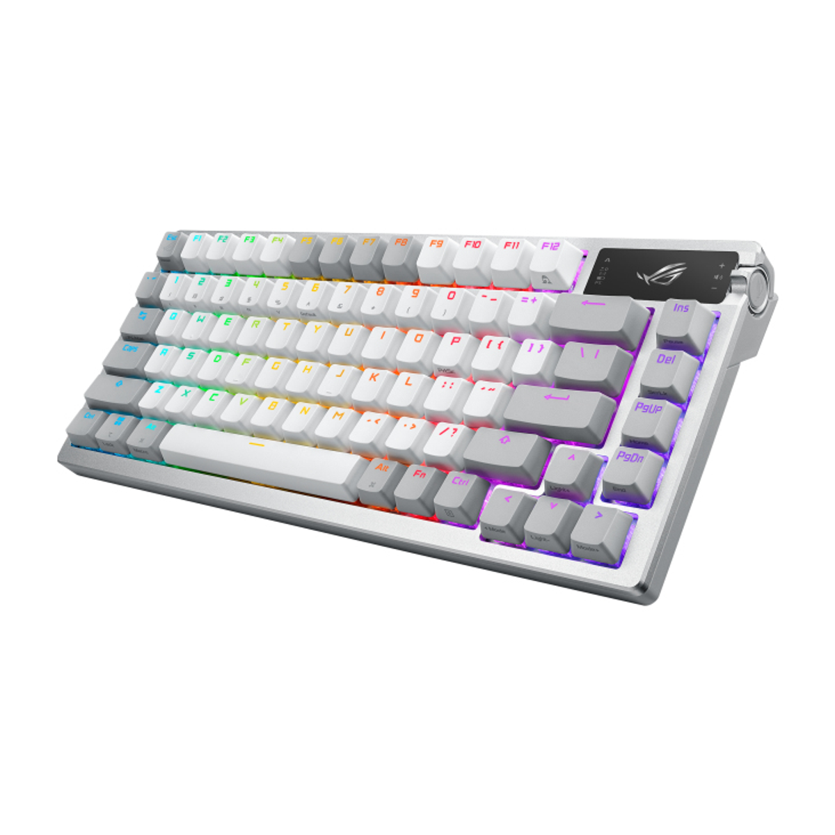 Una tastiera da gioco ROG bianca e grigia con tasti colorati e un piccolo display.