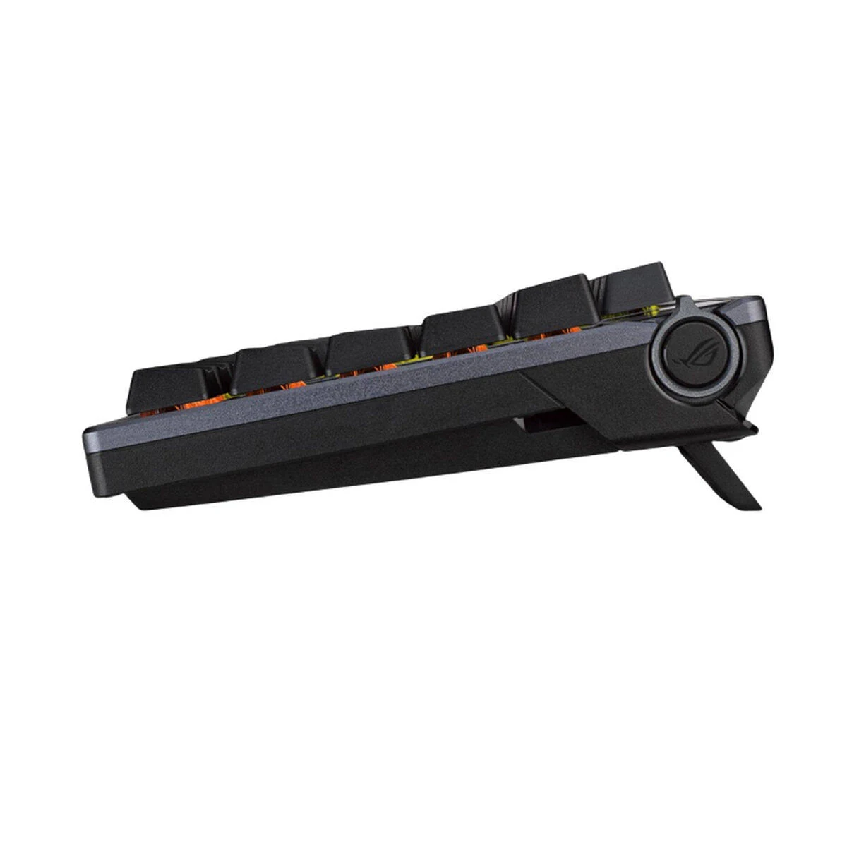 Vista laterale di una tastiera da gioco nera, con supporto rialzato e logo ROG.