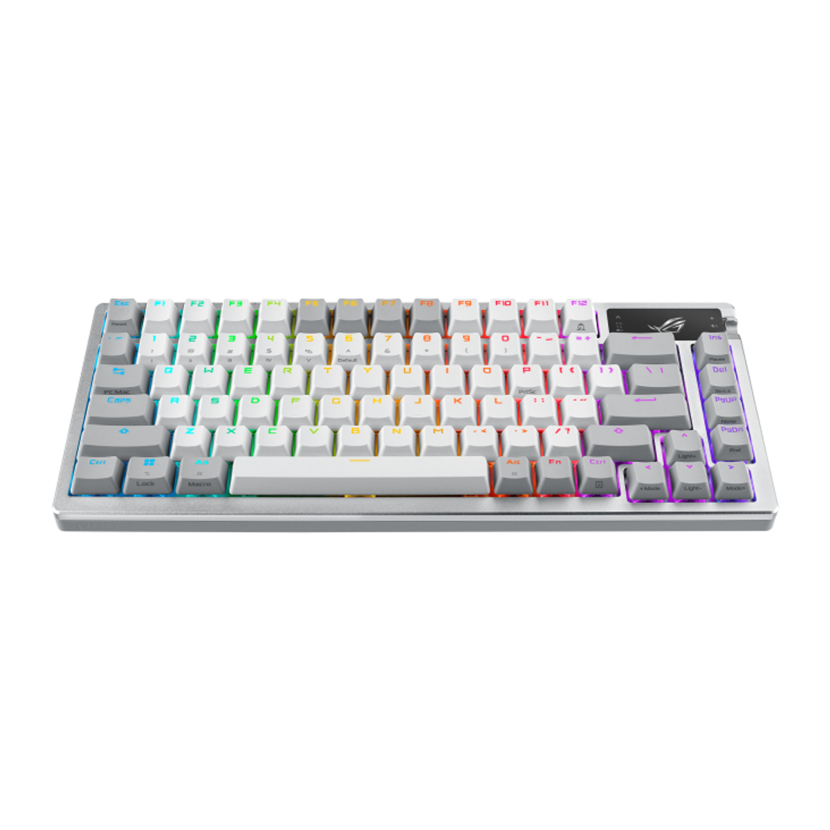 Tastiera RGB con tasti bianchi e illuminazione colorata, vista dall'alto.