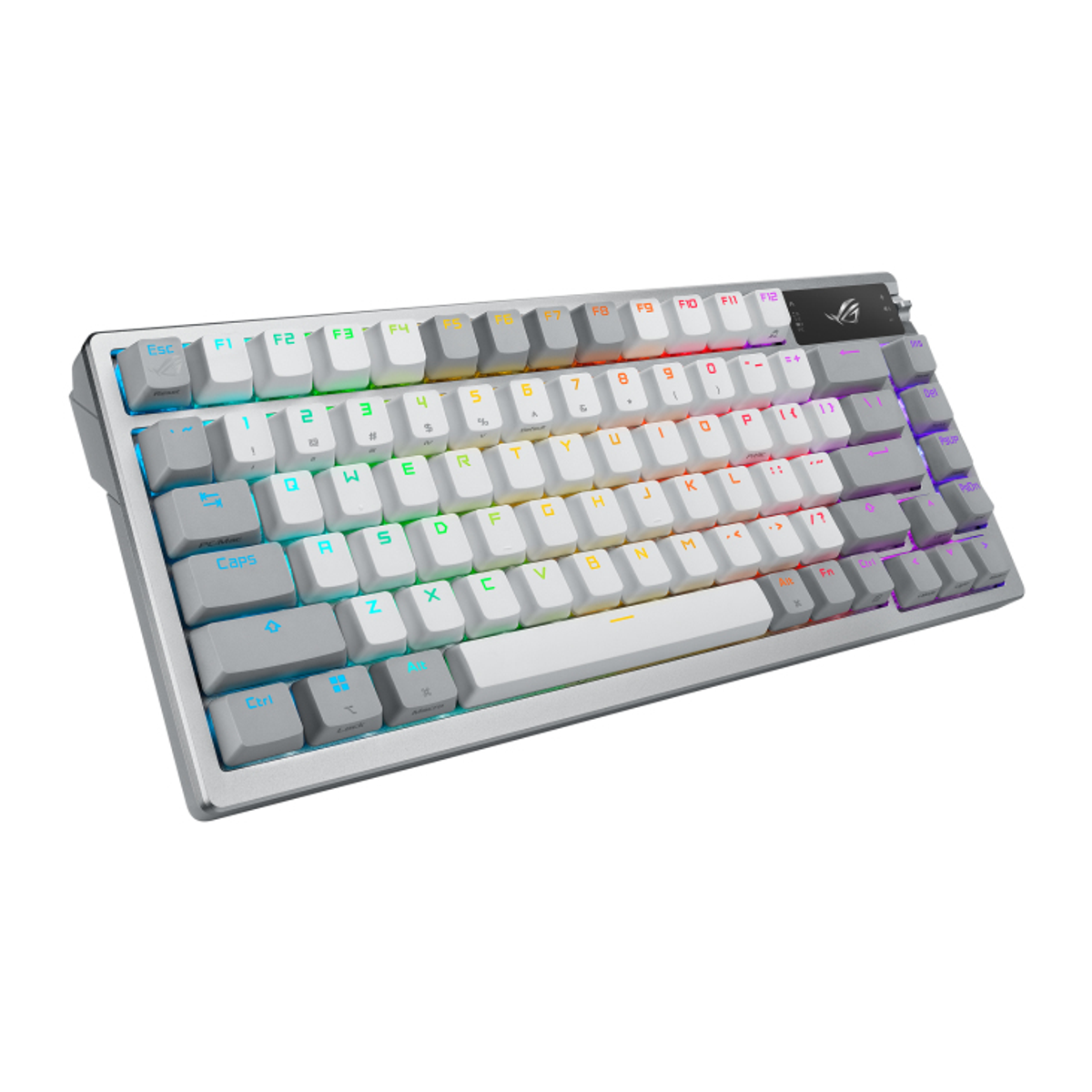 Una tastiera gaming argento e bianca con tasti retroilluminati colorati, isolata.