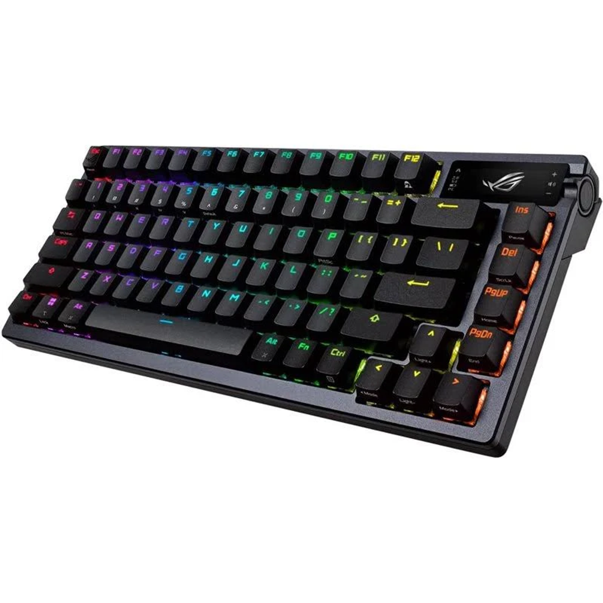Tastiera da gioco con tasti retroilluminati. Colore nero. I tasti sono etichettati con lettere e simboli.