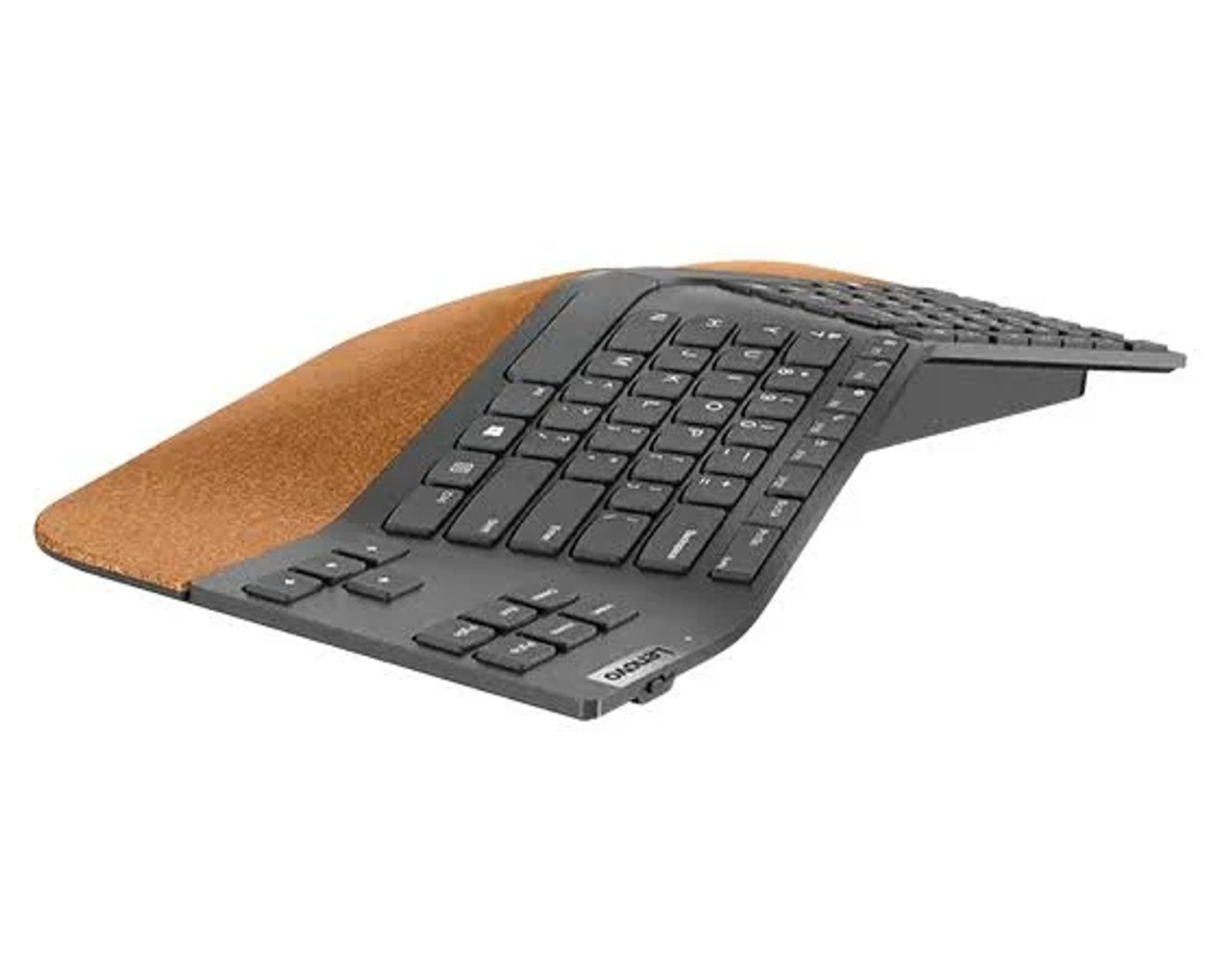 Zakrzywiona klawiatura ergonomiczna, czarne klawisze na brązowo-szarej podstawie, na białym tle.