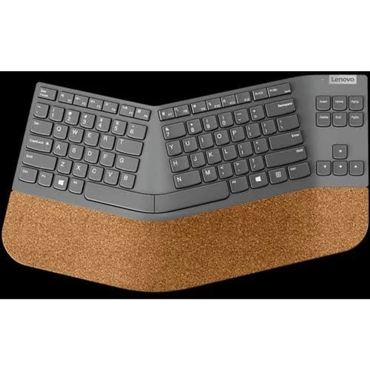 Szara ergonomiczna klawiatura Lenovo z brązową podpórką pod nadgarstek.