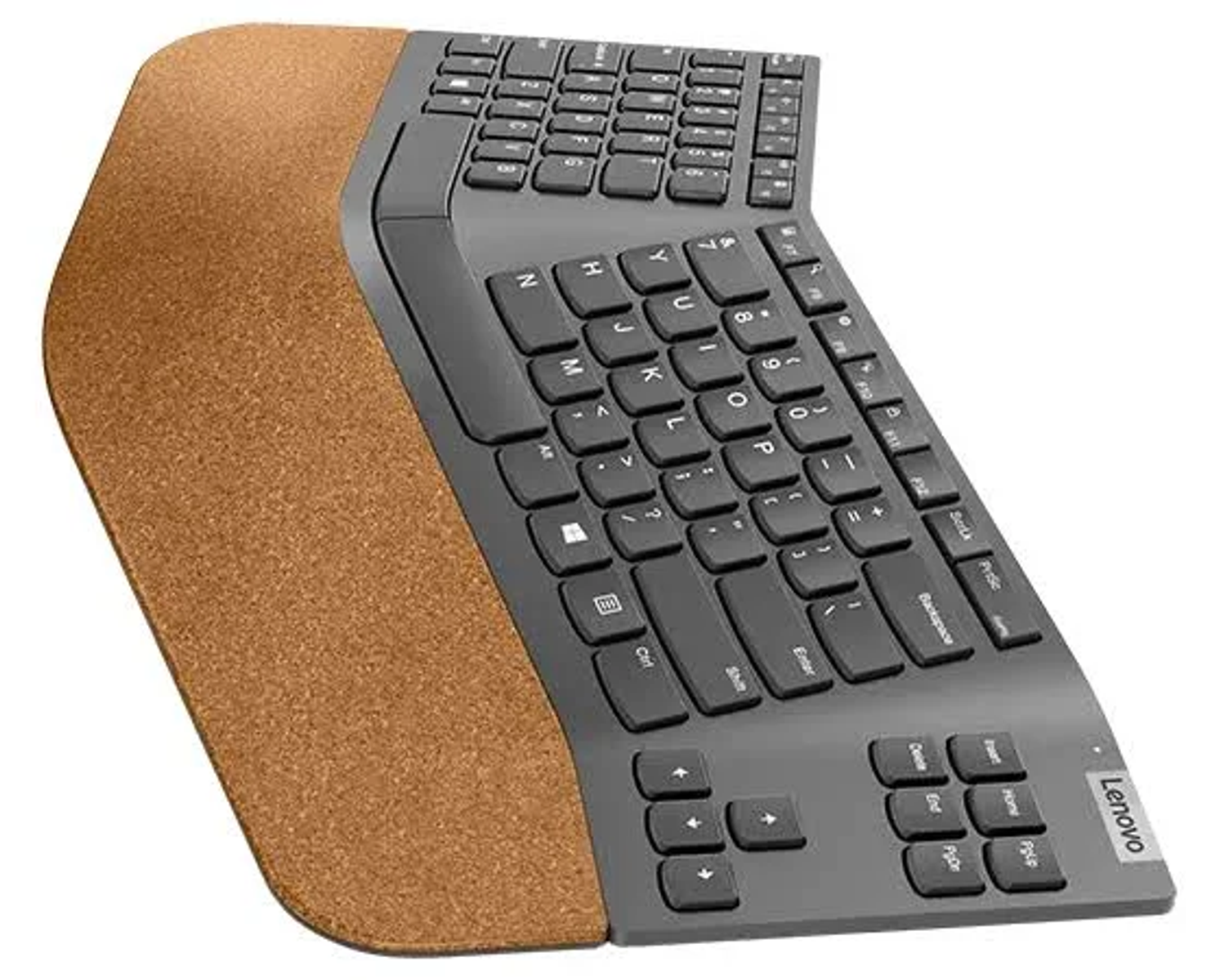 Ergonomiczna klawiatura z klawiszami i brązową, teksturowaną podpórką pod nadgarstek.