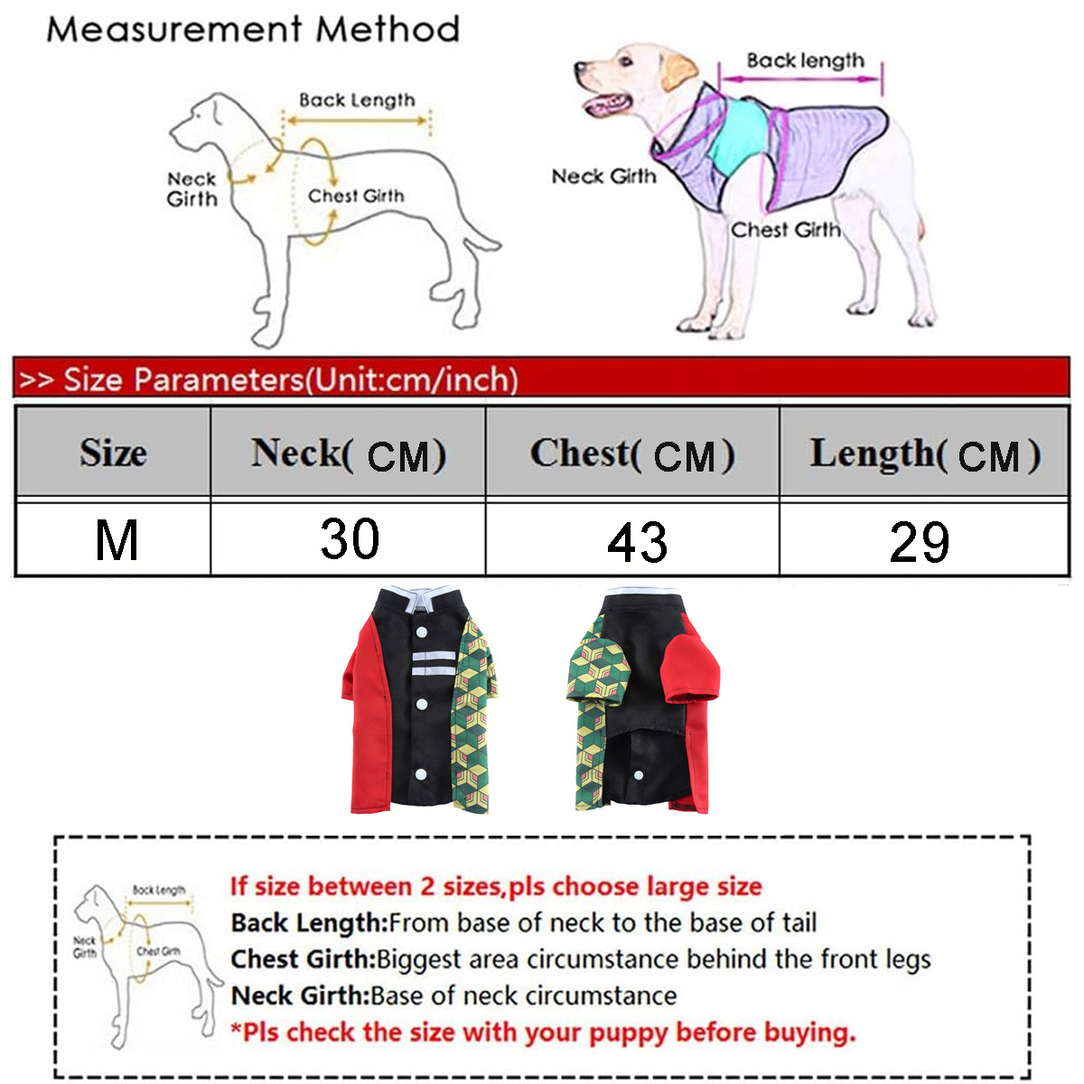 Eine Größentabelle für Hundebekleidung. Sie enthält Diagramme eines Hundes und Größenparameter.